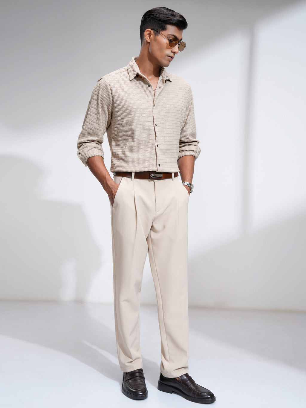 Highlander Men Beige Self Design Slim Fit Casual Shirt - Beige - Image 2