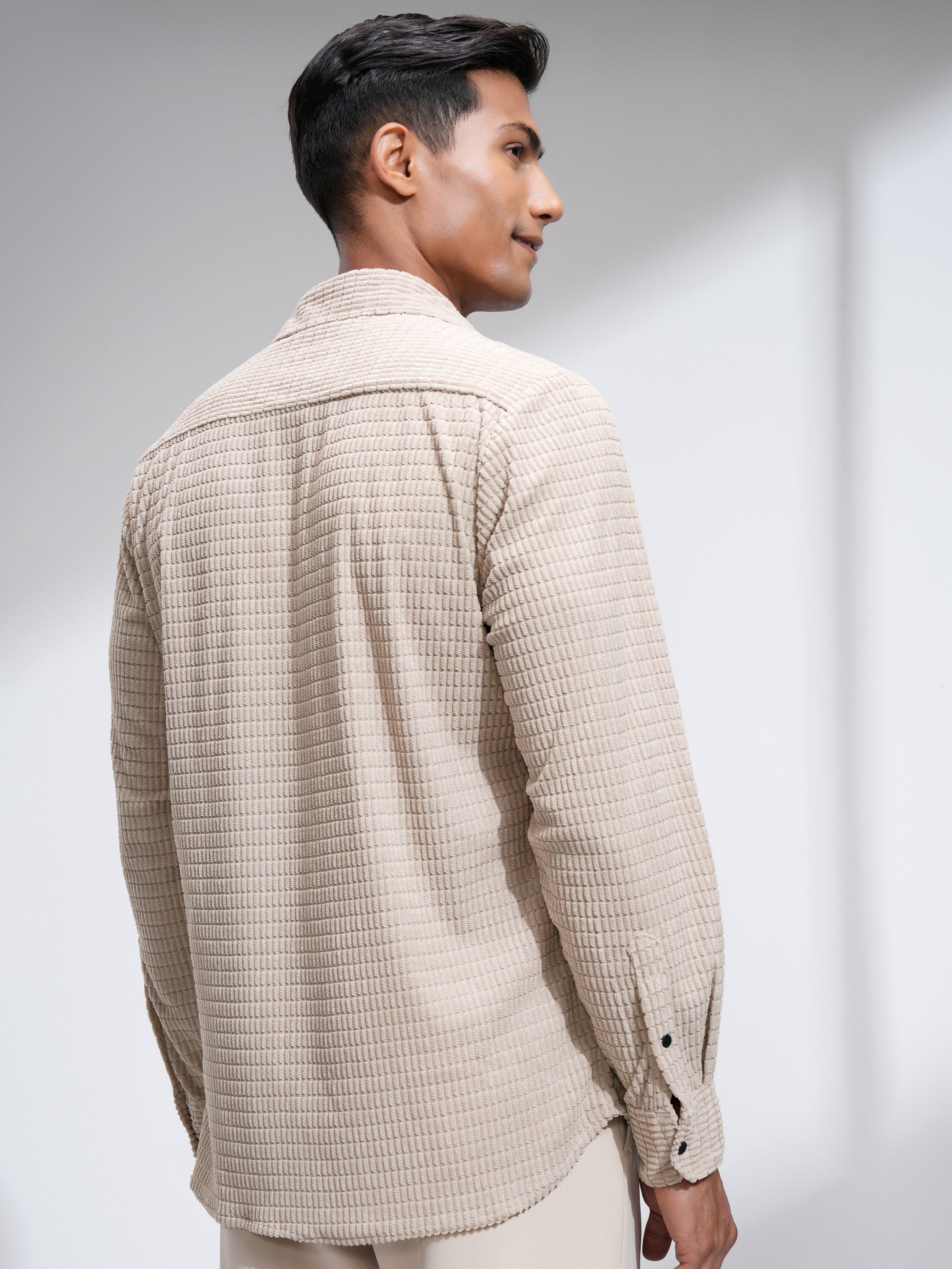 Highlander Men Beige Self Design Slim Fit Casual Shirt - Beige - Image 3