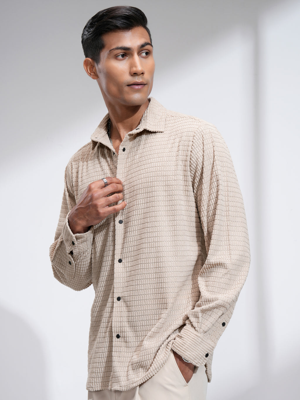 Highlander Men Beige Self Design Slim Fit Casual Shirt - Beige - Image 4