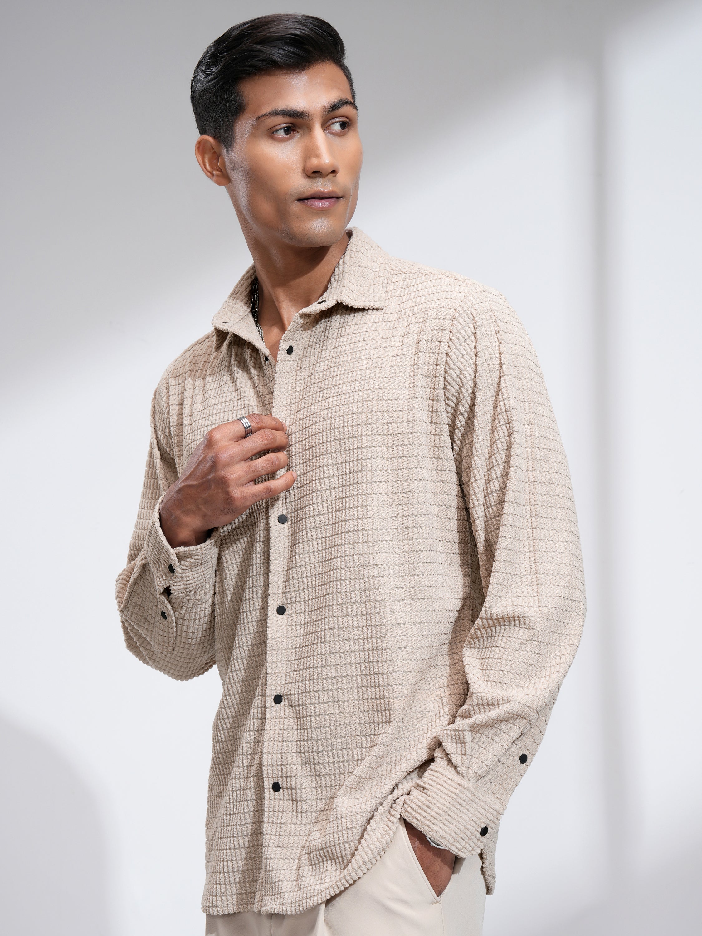 Highlander Men Beige Self Design Slim Fit Casual Shirt - Beige - Image 4