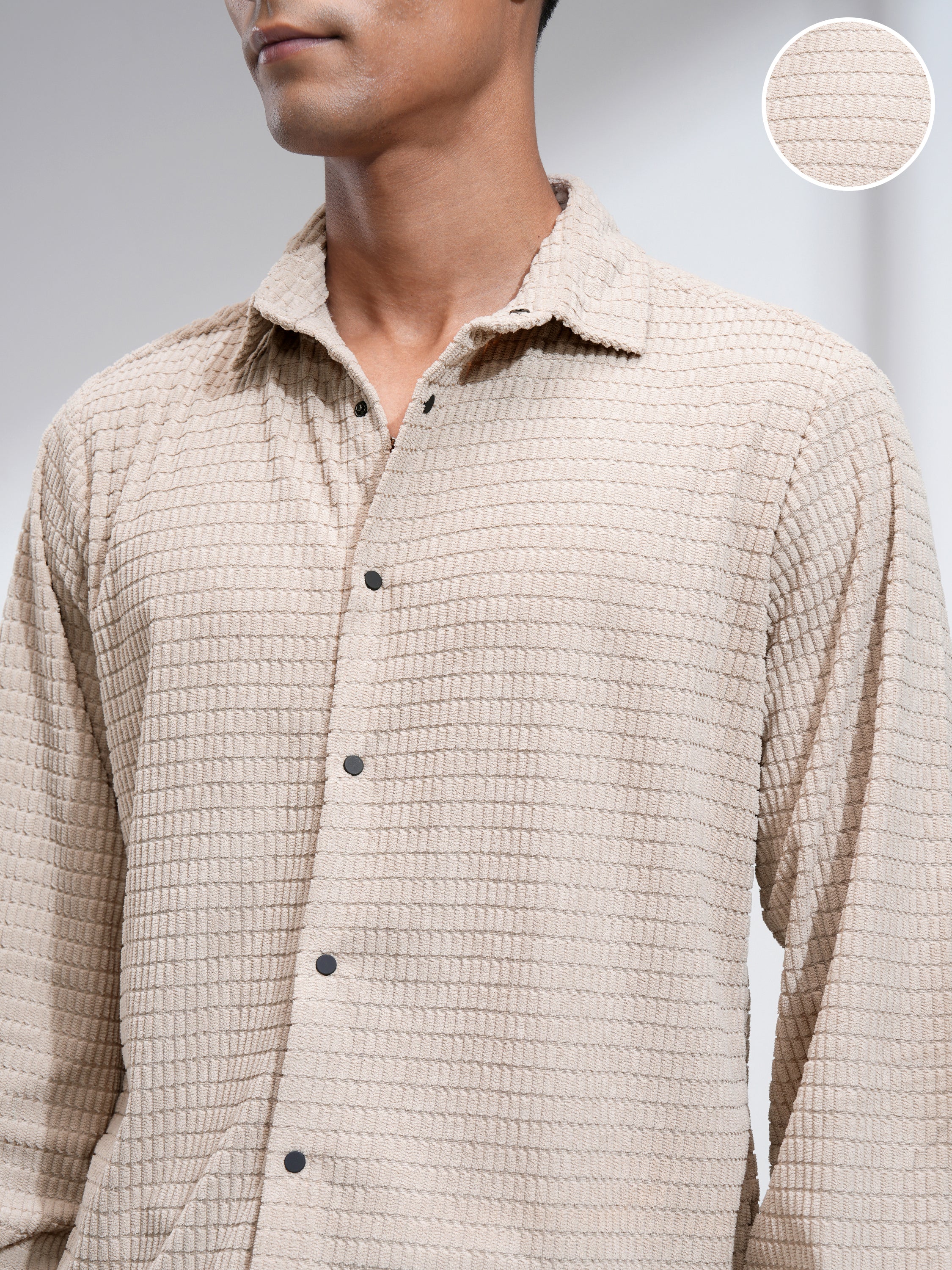 Highlander Men Beige Self Design Slim Fit Casual Shirt - Beige - Image 5