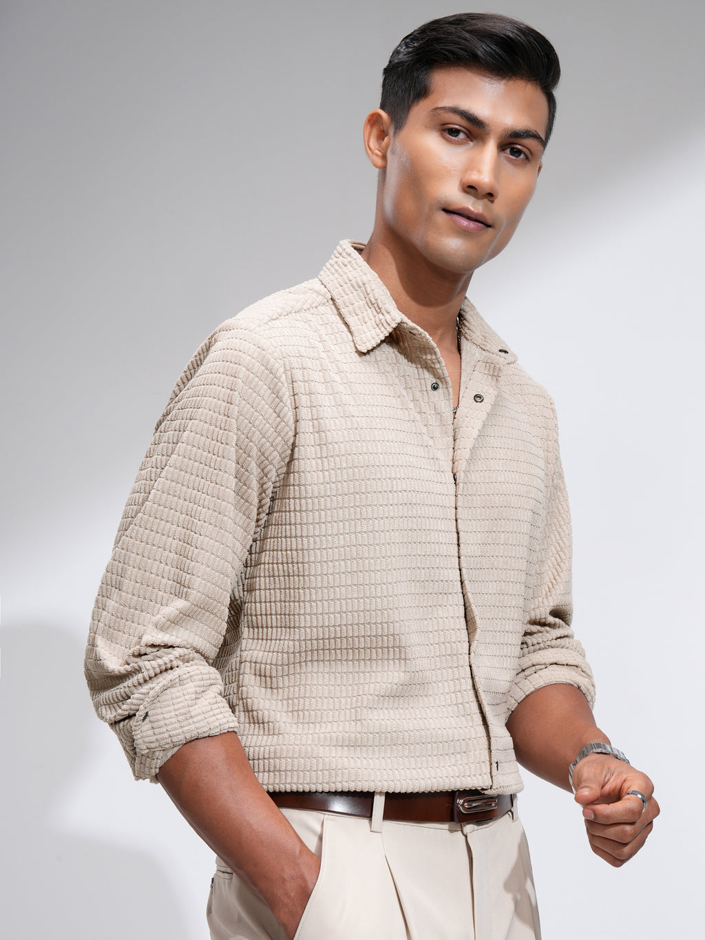 Highlander Men Beige Self Design Slim Fit Casual Shirt - Beige - Image 6