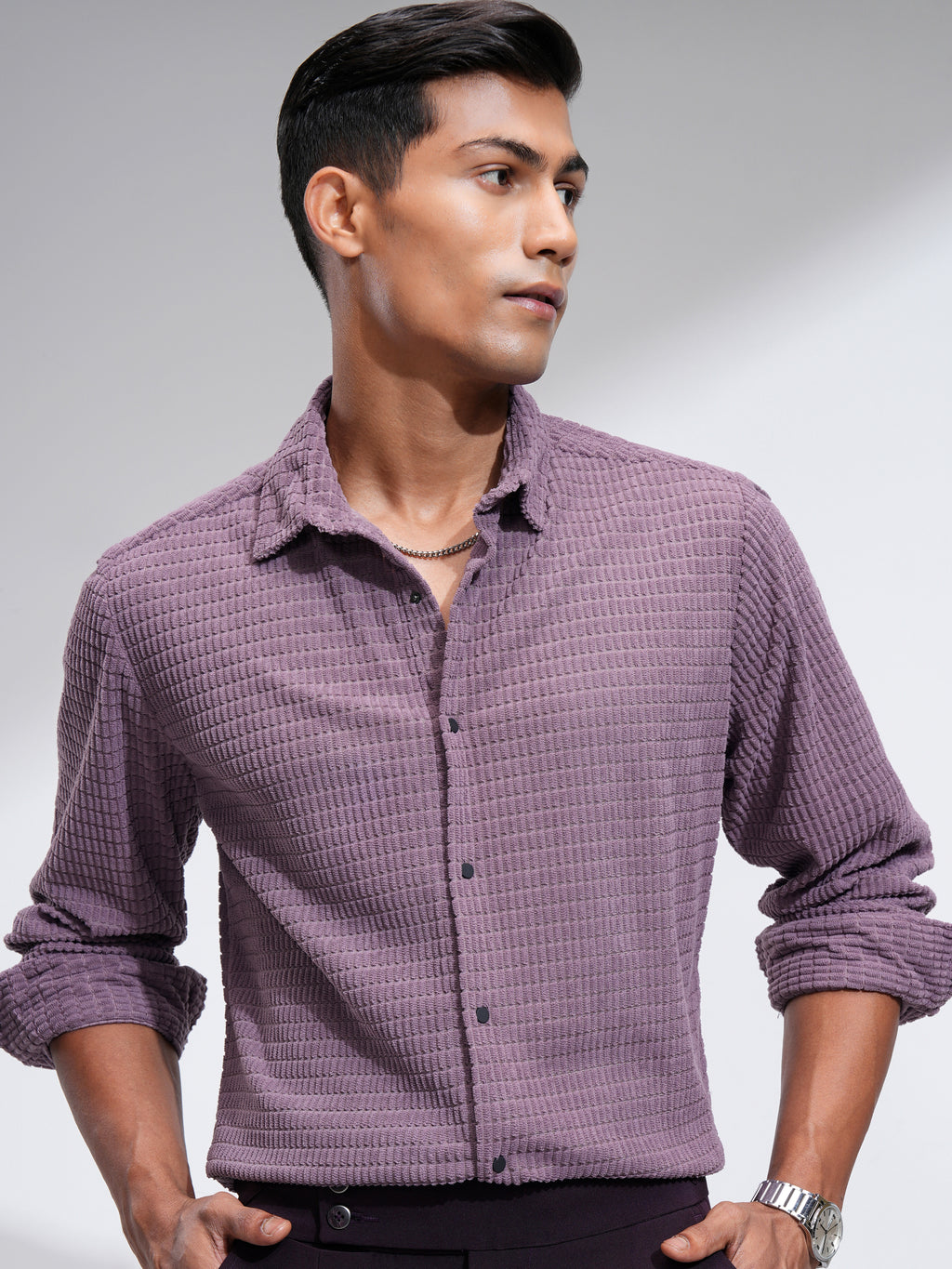 Highlander Men Purple Self Design Slim Fit Casual Shirt - Purple - Image 1