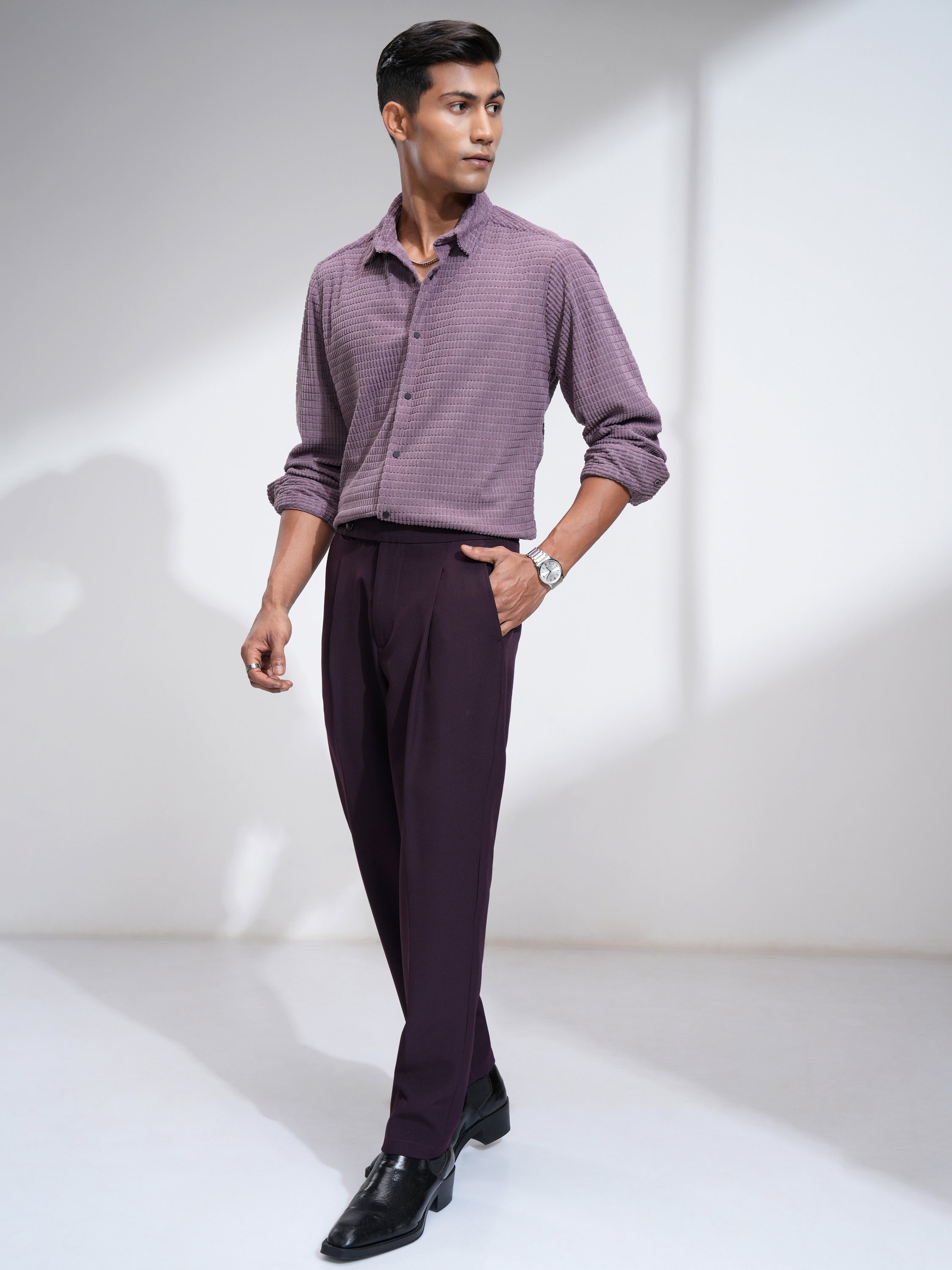 Highlander Men Purple Self Design Slim Fit Casual Shirt - Purple - Image 2