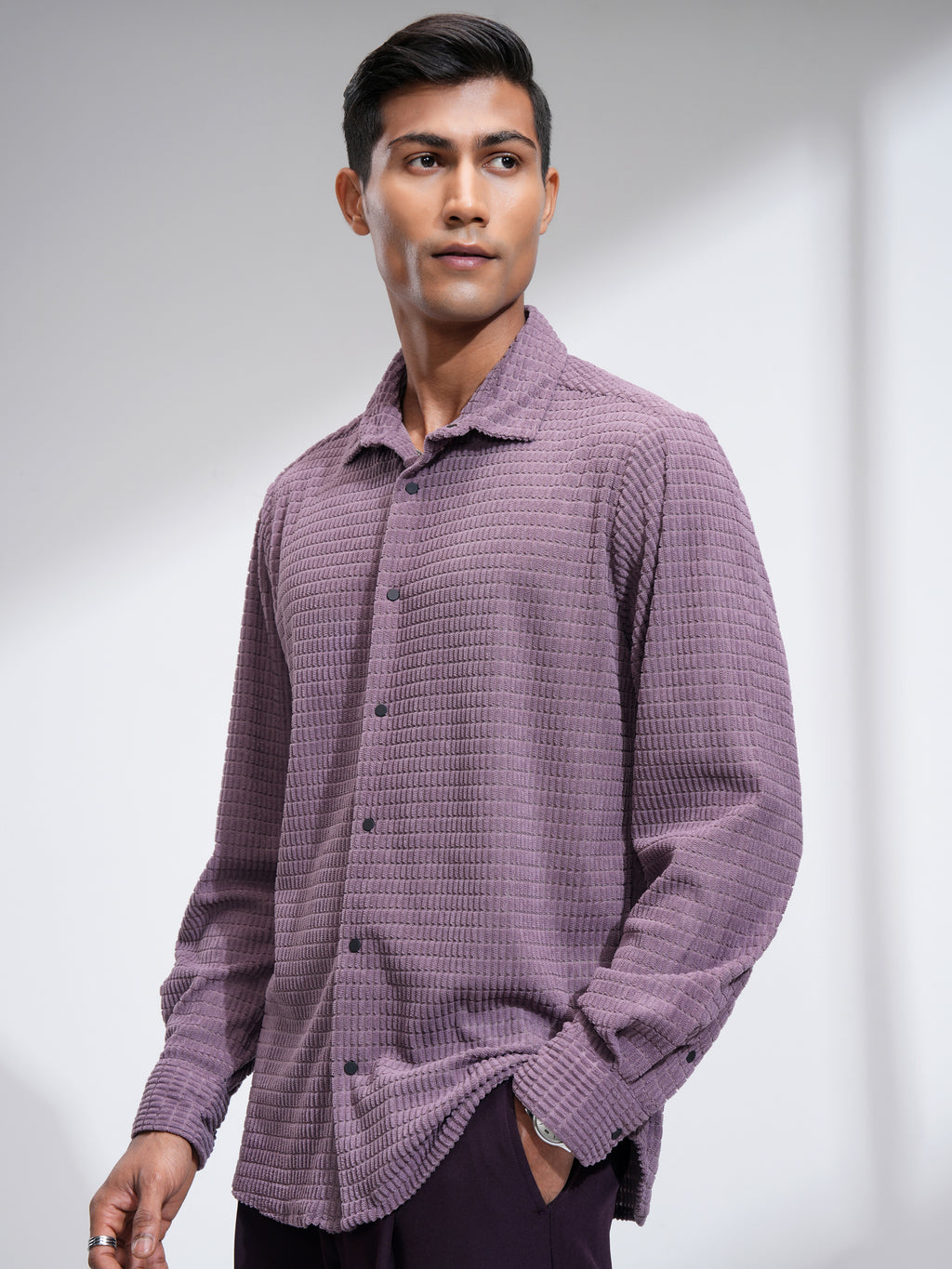 Highlander Men Purple Self Design Slim Fit Casual Shirt - Purple - Image 4
