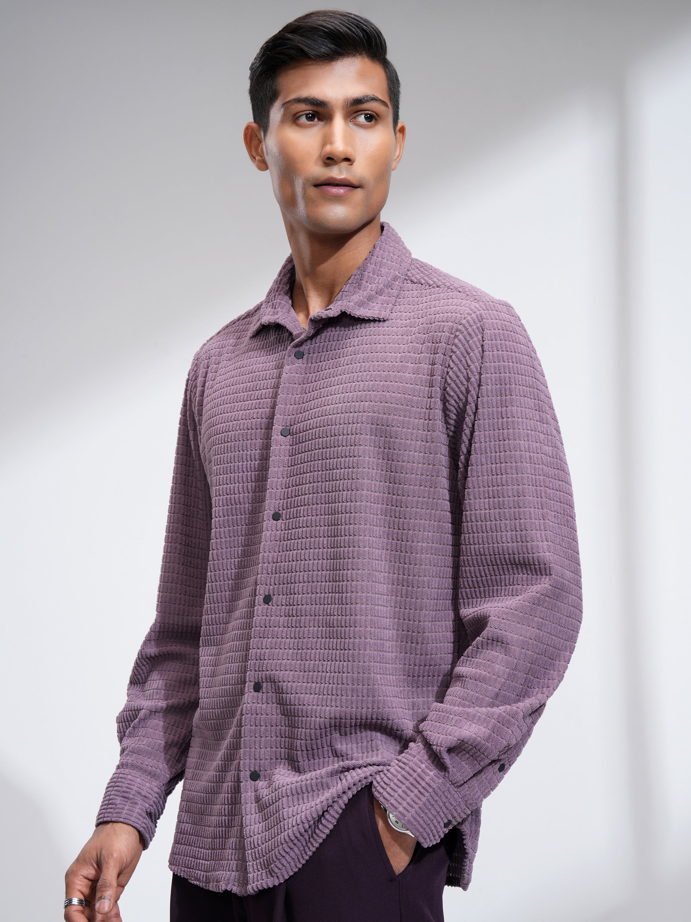 Highlander Men Purple Self Design Slim Fit Casual Shirt - Purple - Image 4