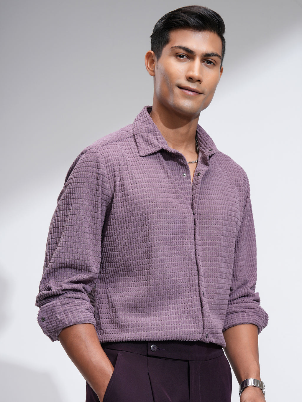 Highlander Men Purple Self Design Slim Fit Casual Shirt - Purple - Image 6