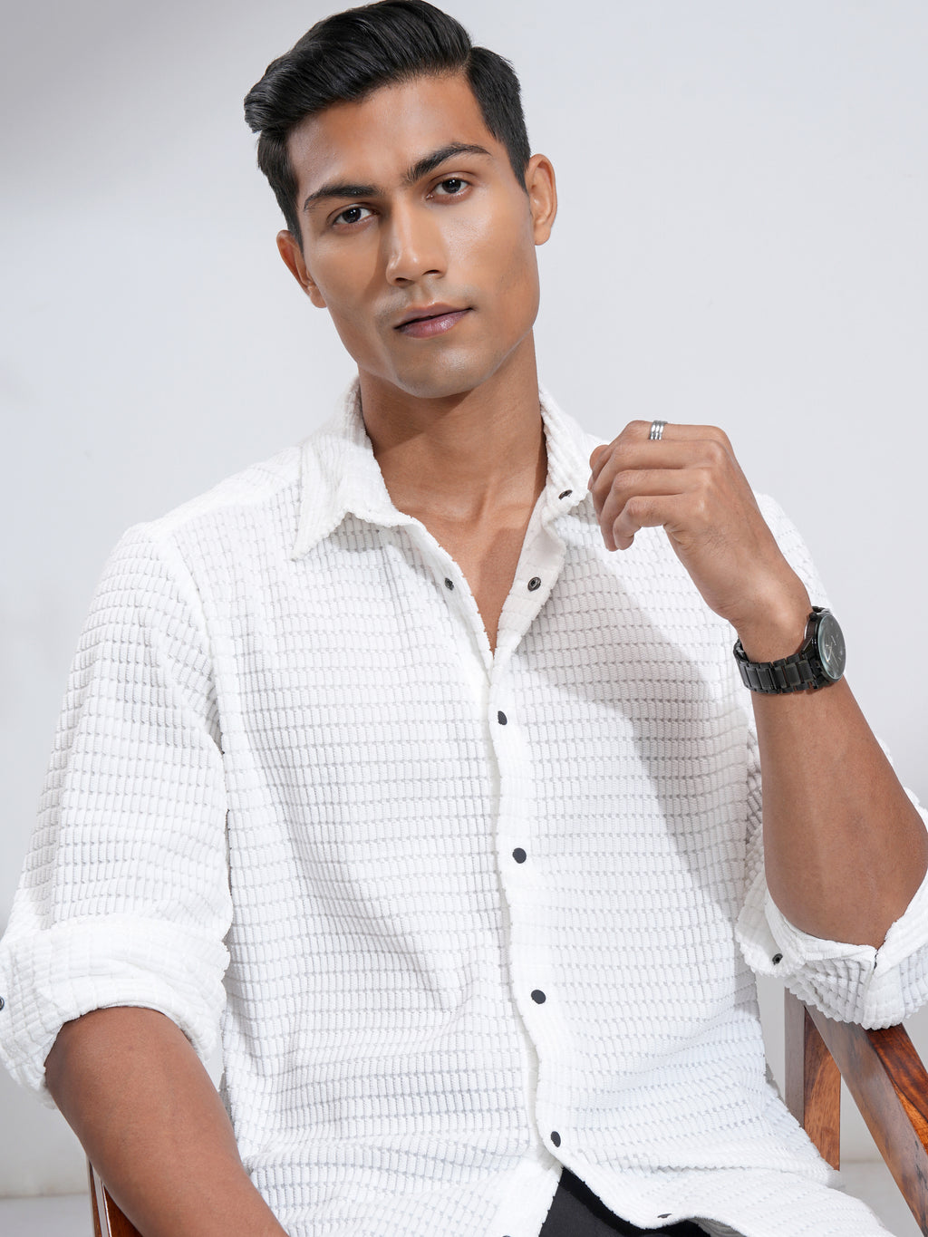 Highlander Men White Textured Slim Fit Casual Shirt - White - Image 1