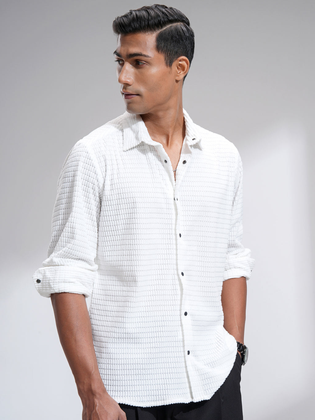 Highlander Men White Textured Slim Fit Casual Shirt - White - Image 6