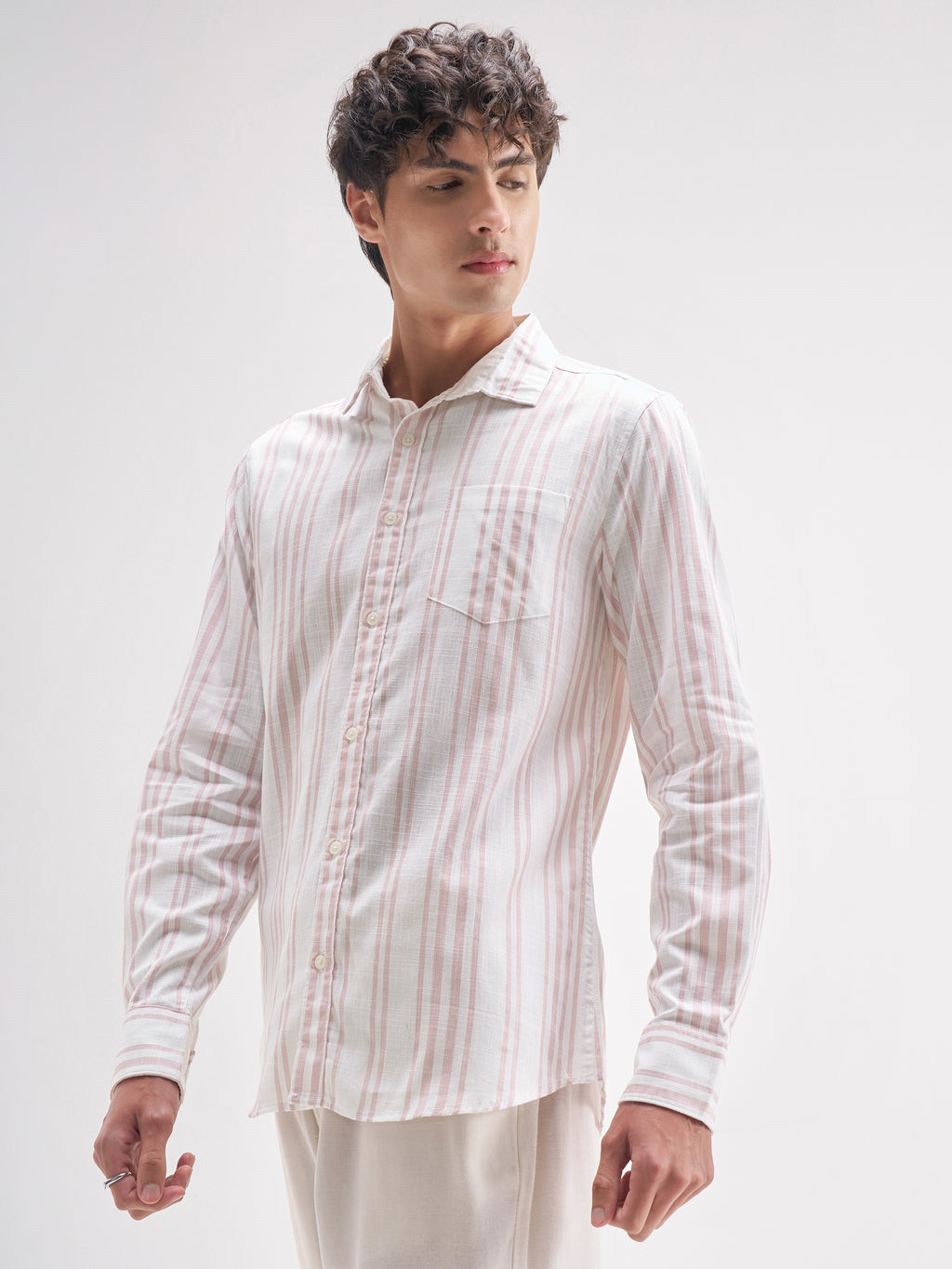 Highlander Men White Striped Regular Fit Casual Shirt - White - Image 4