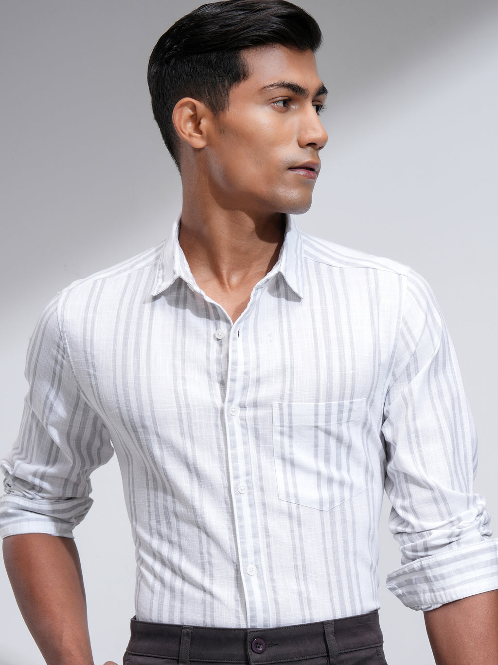 Highlander Men White Striped Slim Fit Casual Shirt - White - Image 1