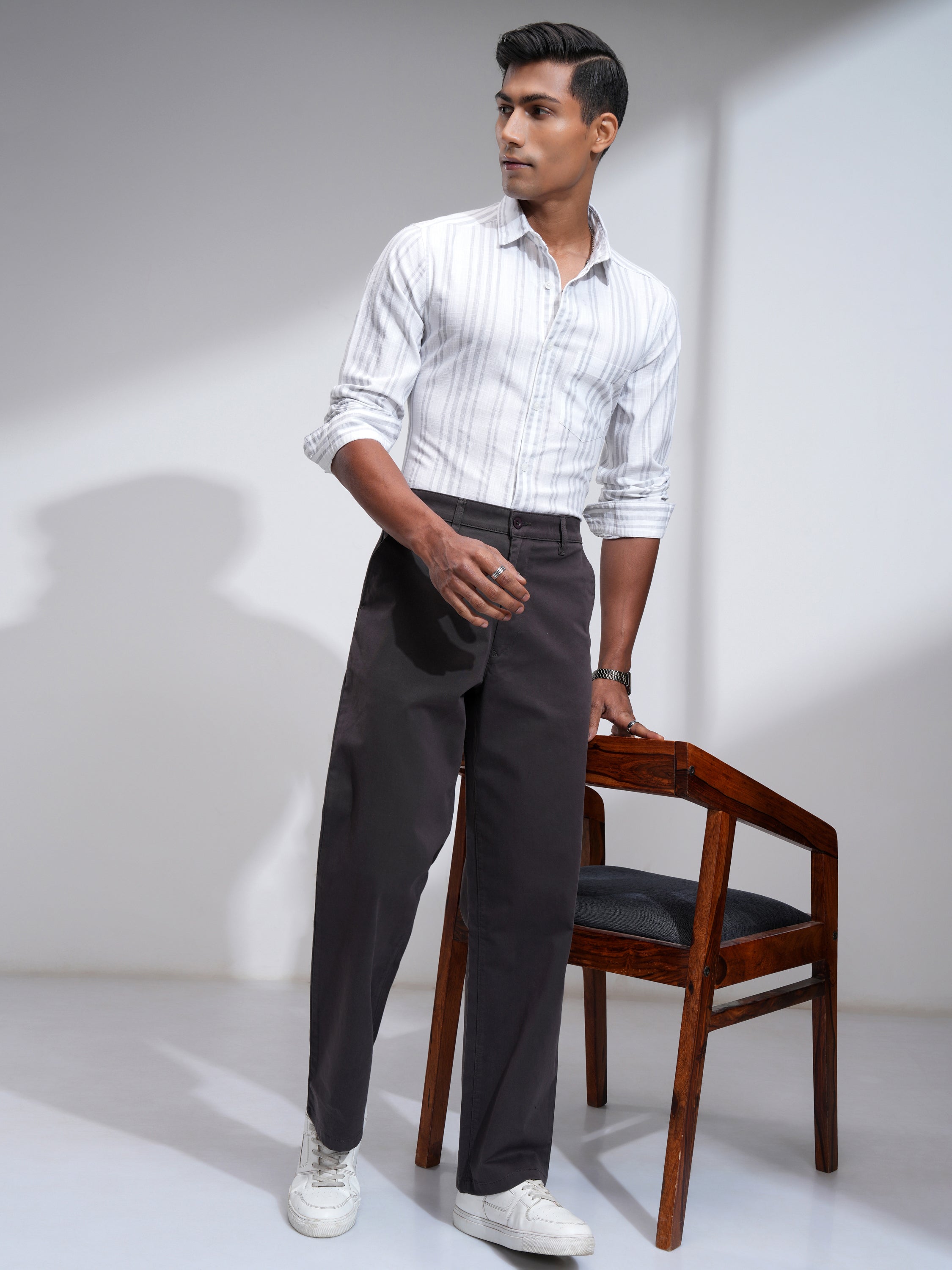 Highlander Men White Striped Slim Fit Casual Shirt - White - Image 2