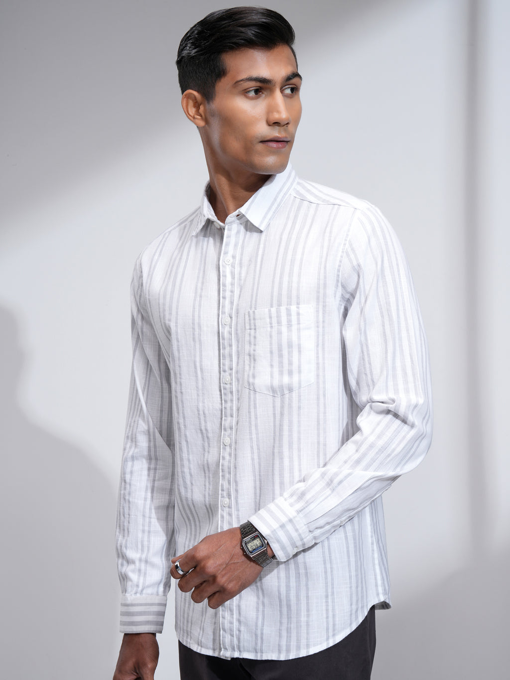 Highlander Men White Striped Slim Fit Casual Shirt - White - Image 4