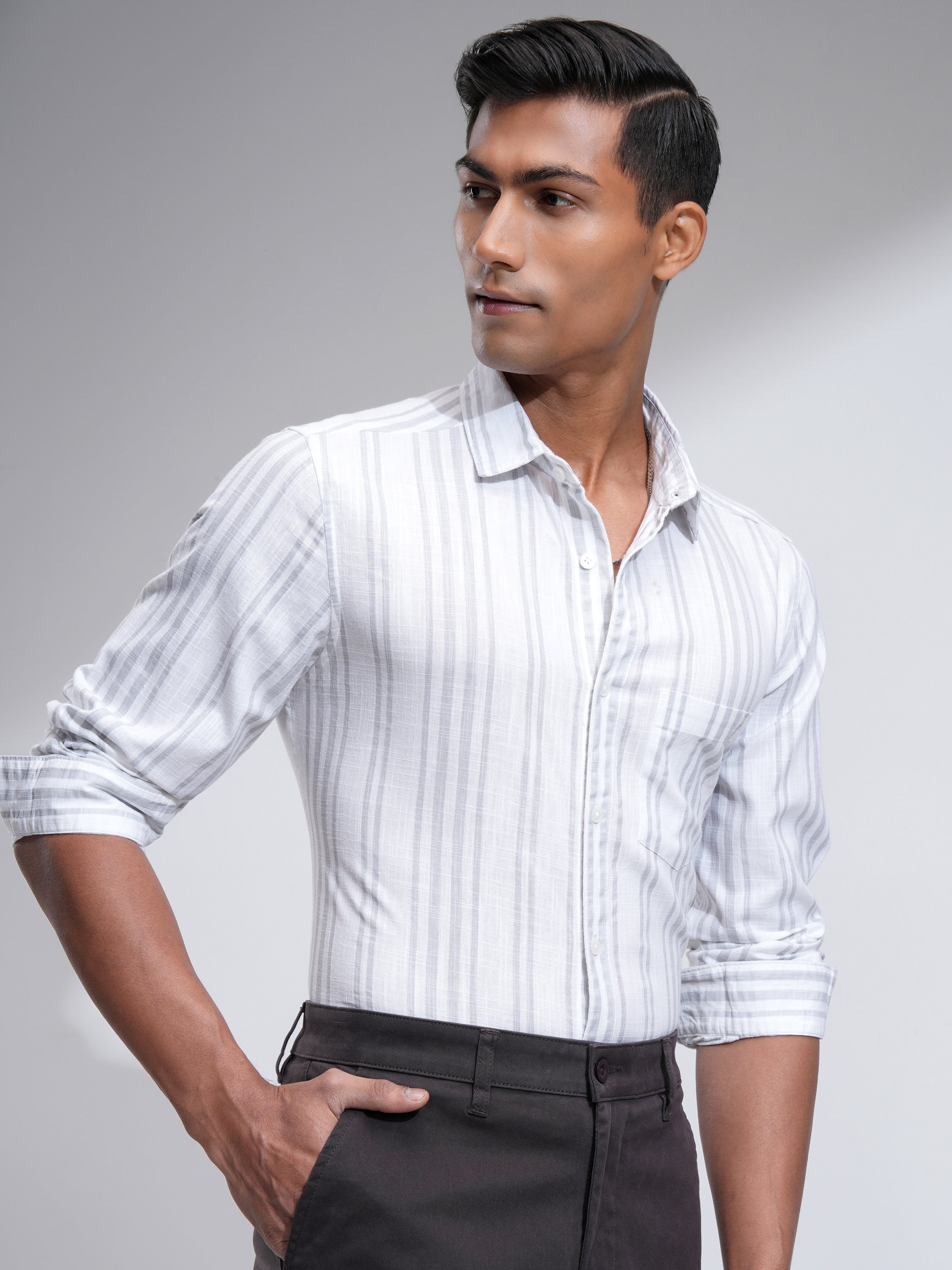 Highlander Men White Striped Slim Fit Casual Shirt - White - Image 6