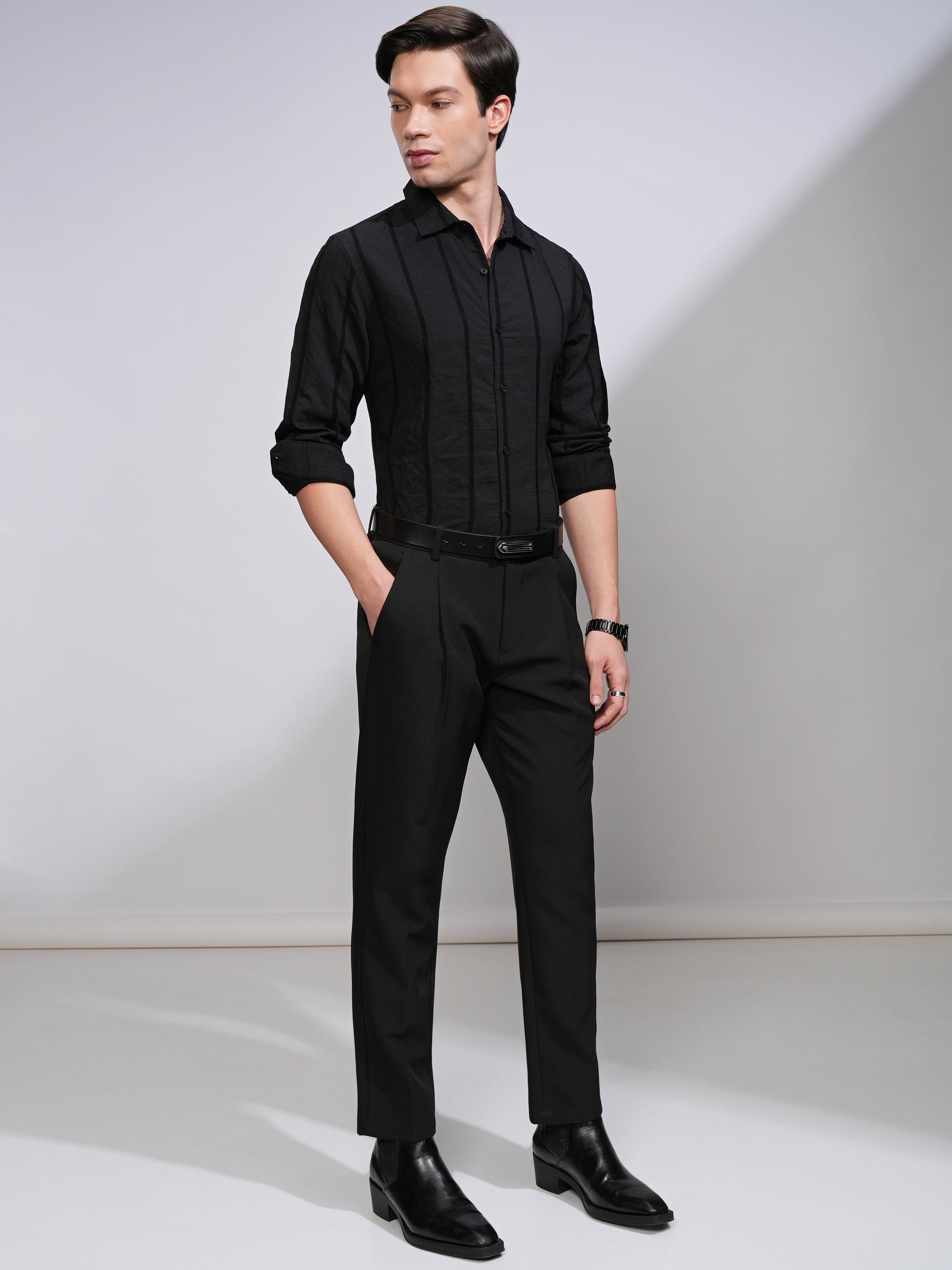 Highlander Men Black Striped Slim Fit Casual Shirt - Black - Image 2