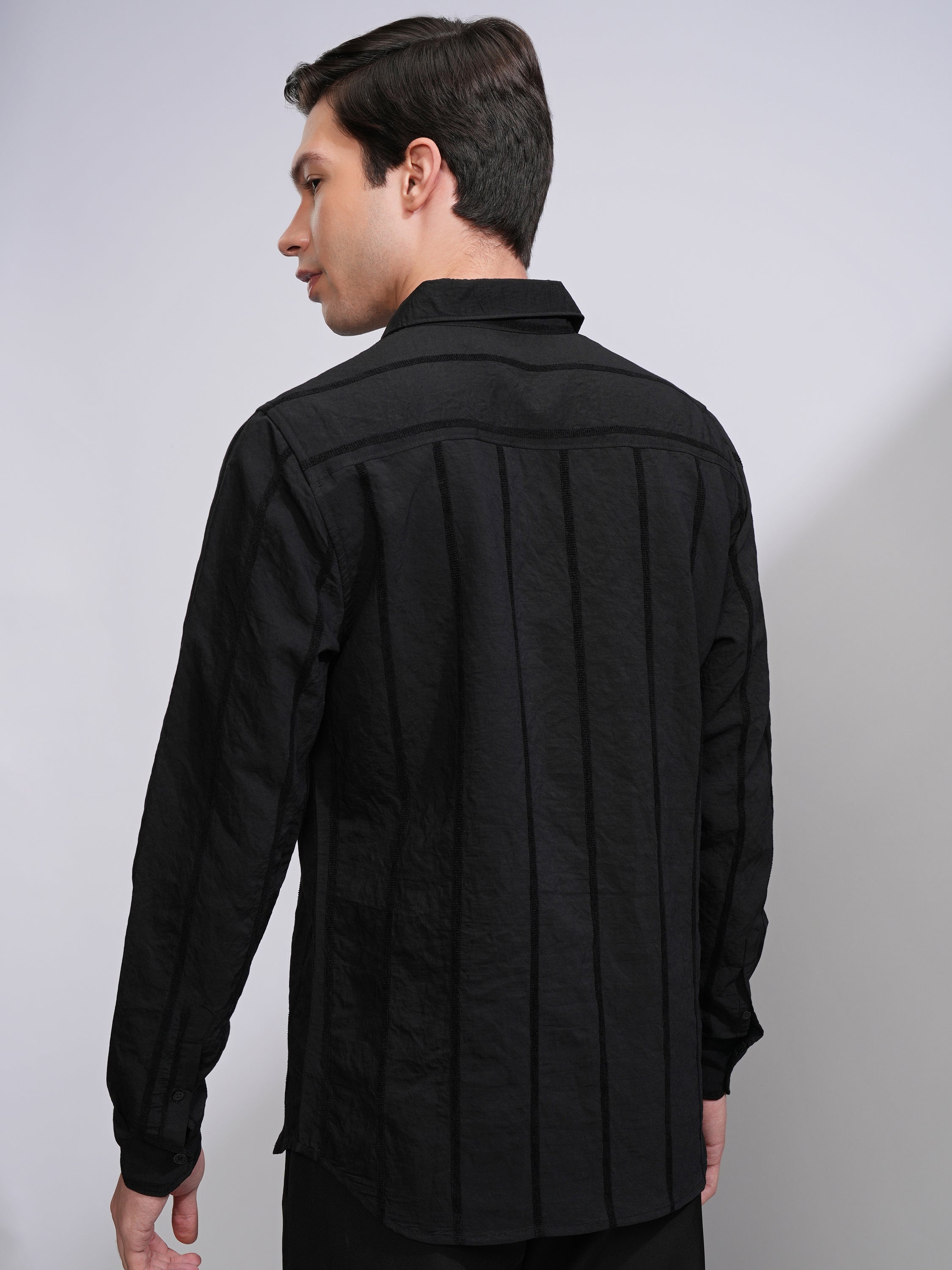 Highlander Men Black Striped Slim Fit Casual Shirt - Black - Image 3