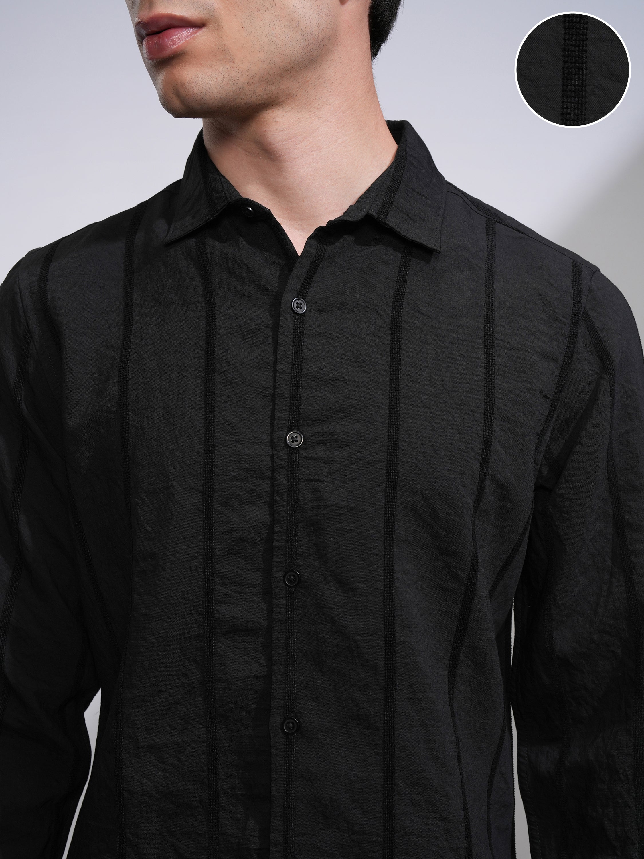 Highlander Men Black Striped Slim Fit Casual Shirt - Black - Image 5
