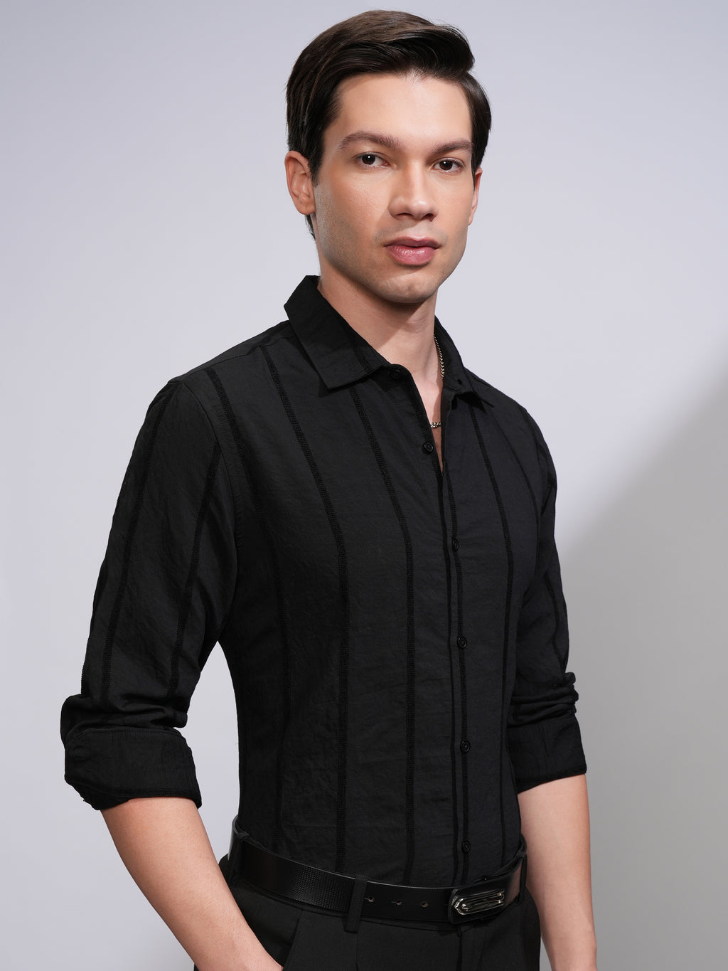 Highlander Men Black Striped Slim Fit Casual Shirt - Black - Image 6
