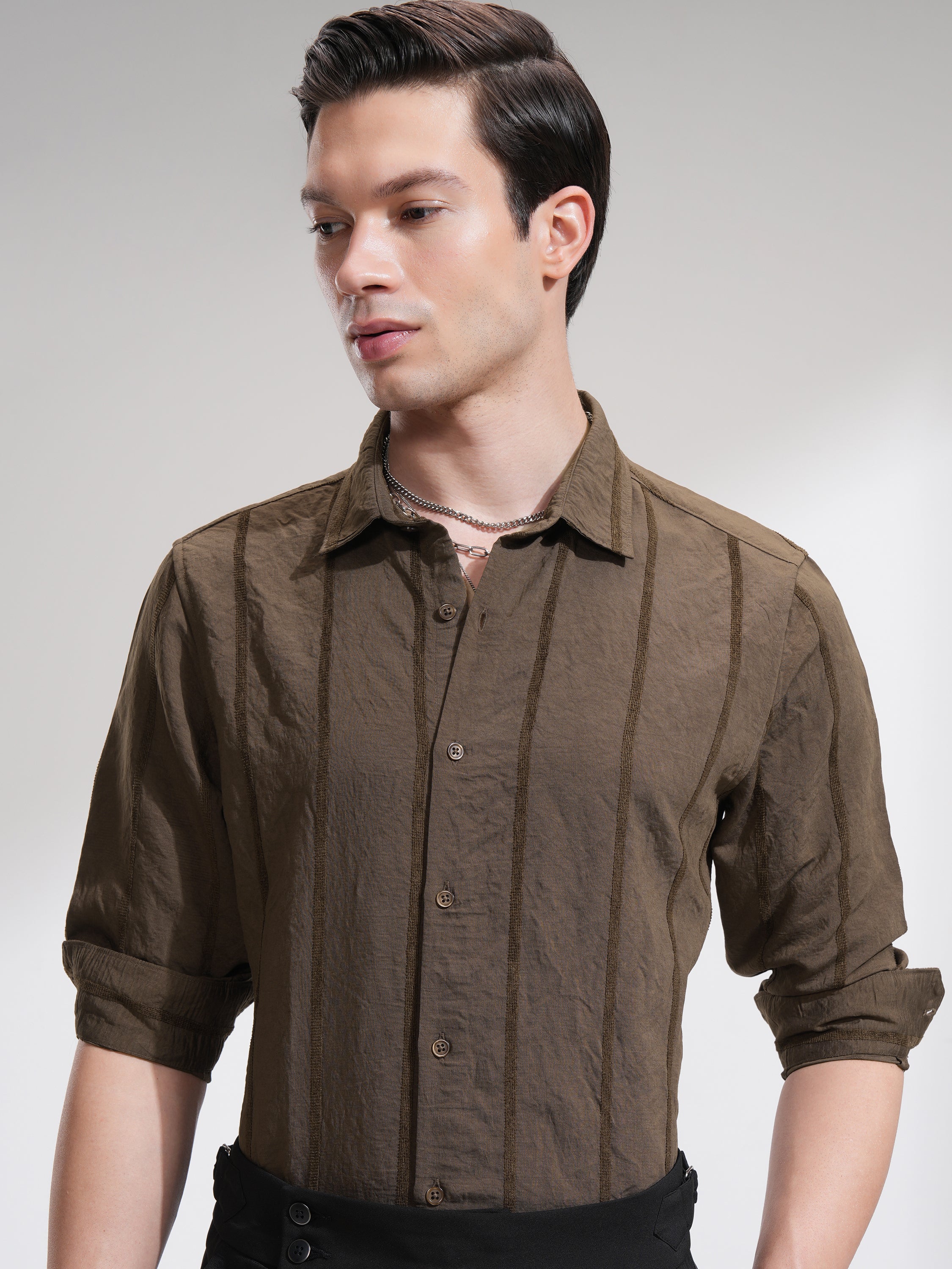Highlander Men Brown Striped Slim Fit Casual Shirt - Brown - Image 1