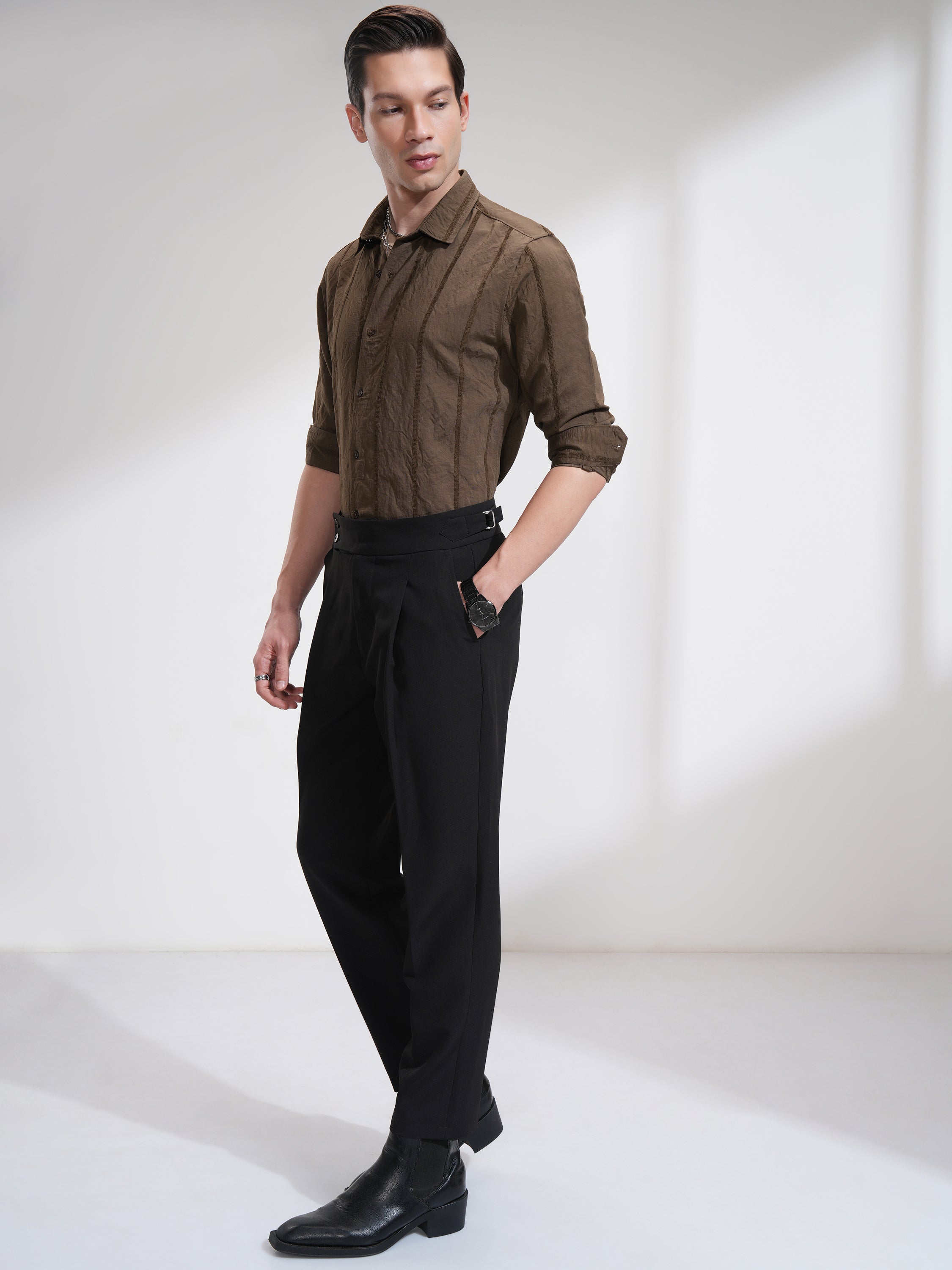 Highlander Men Brown Striped Slim Fit Casual Shirt - Brown - Image 2