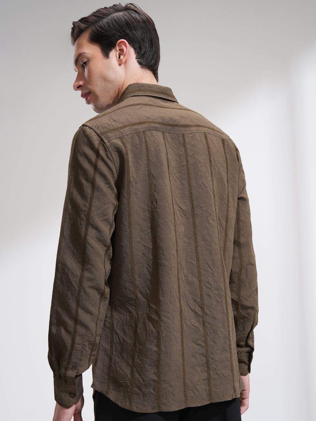 Highlander Men Brown Striped Slim Fit Casual Shirt - Brown - Image 3