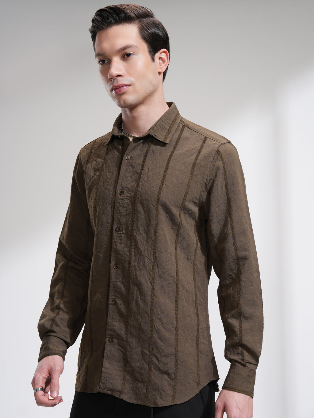 Highlander Men Brown Striped Slim Fit Casual Shirt - Brown - Image 4