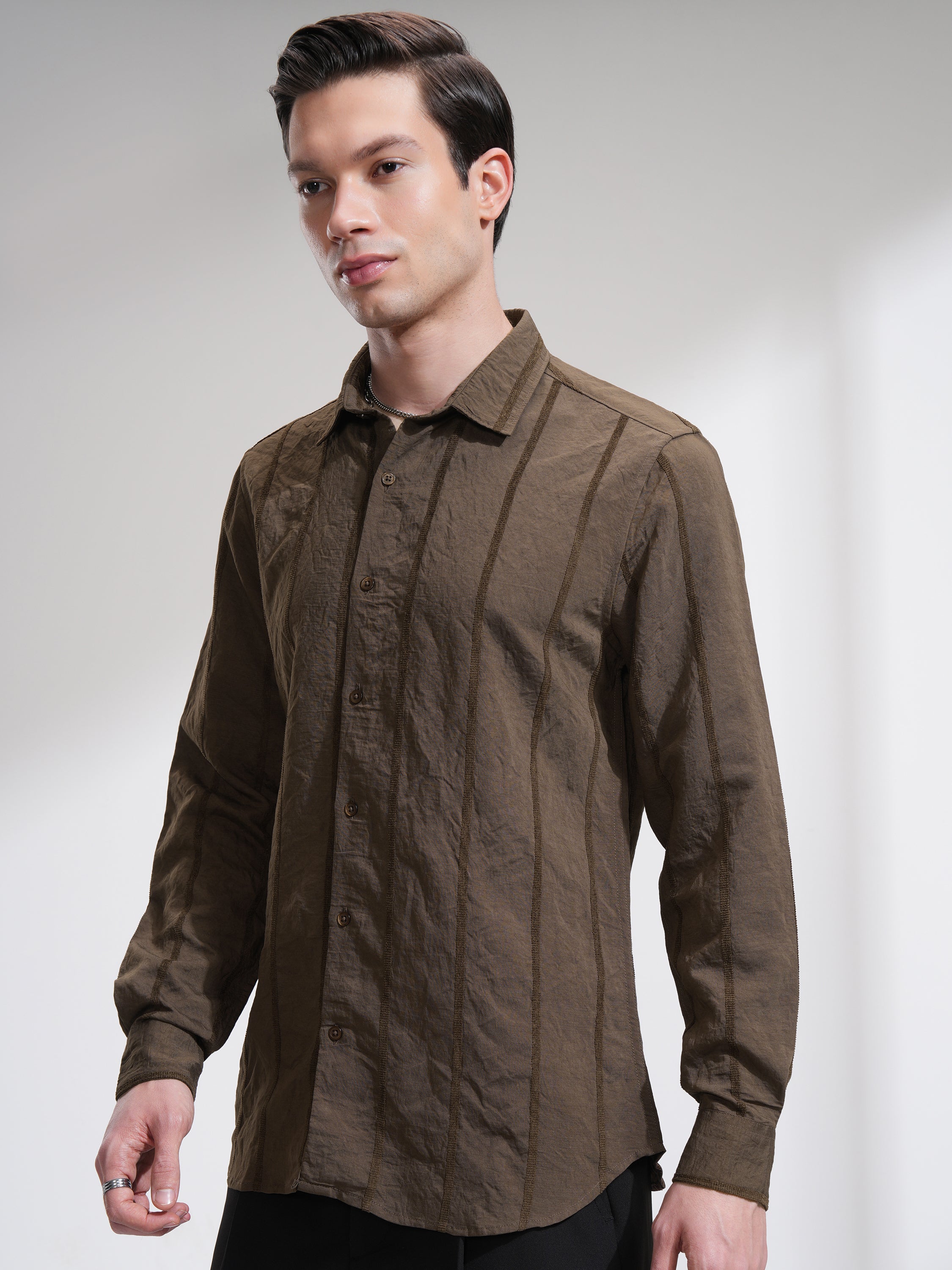 Highlander Men Brown Striped Slim Fit Casual Shirt - Brown - Image 4