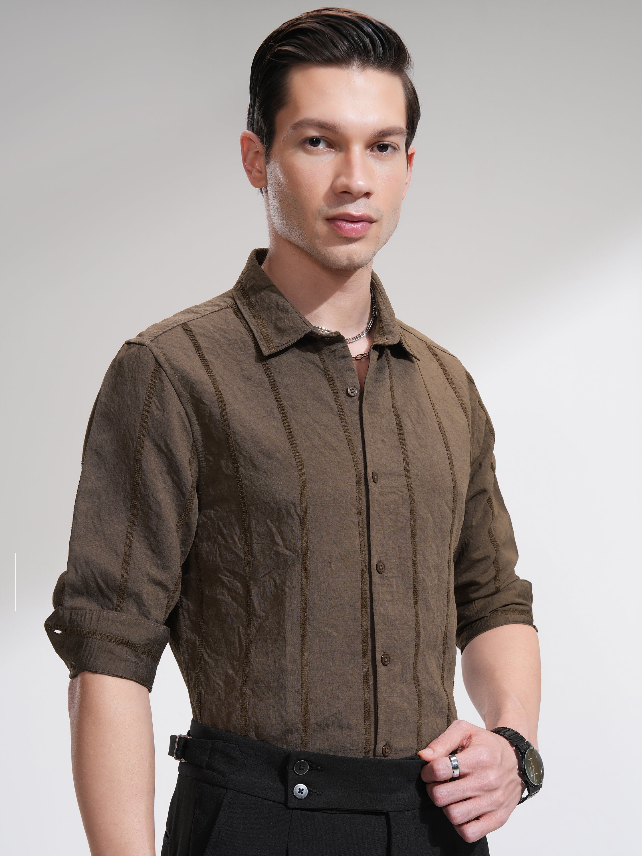 Highlander Men Brown Striped Slim Fit Casual Shirt - Brown - Image 6