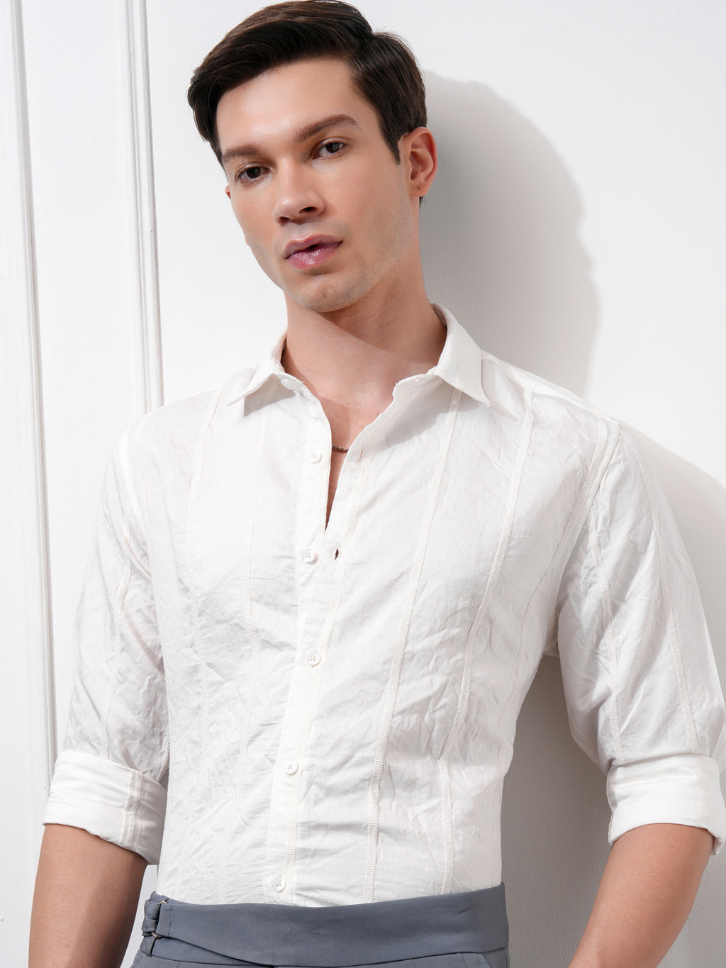 Highlander Men White Striped Slim Fit Casual Shirt - White - Image 1