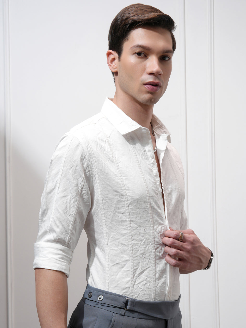 Highlander Men White Striped Slim Fit Casual Shirt - White - Image 6