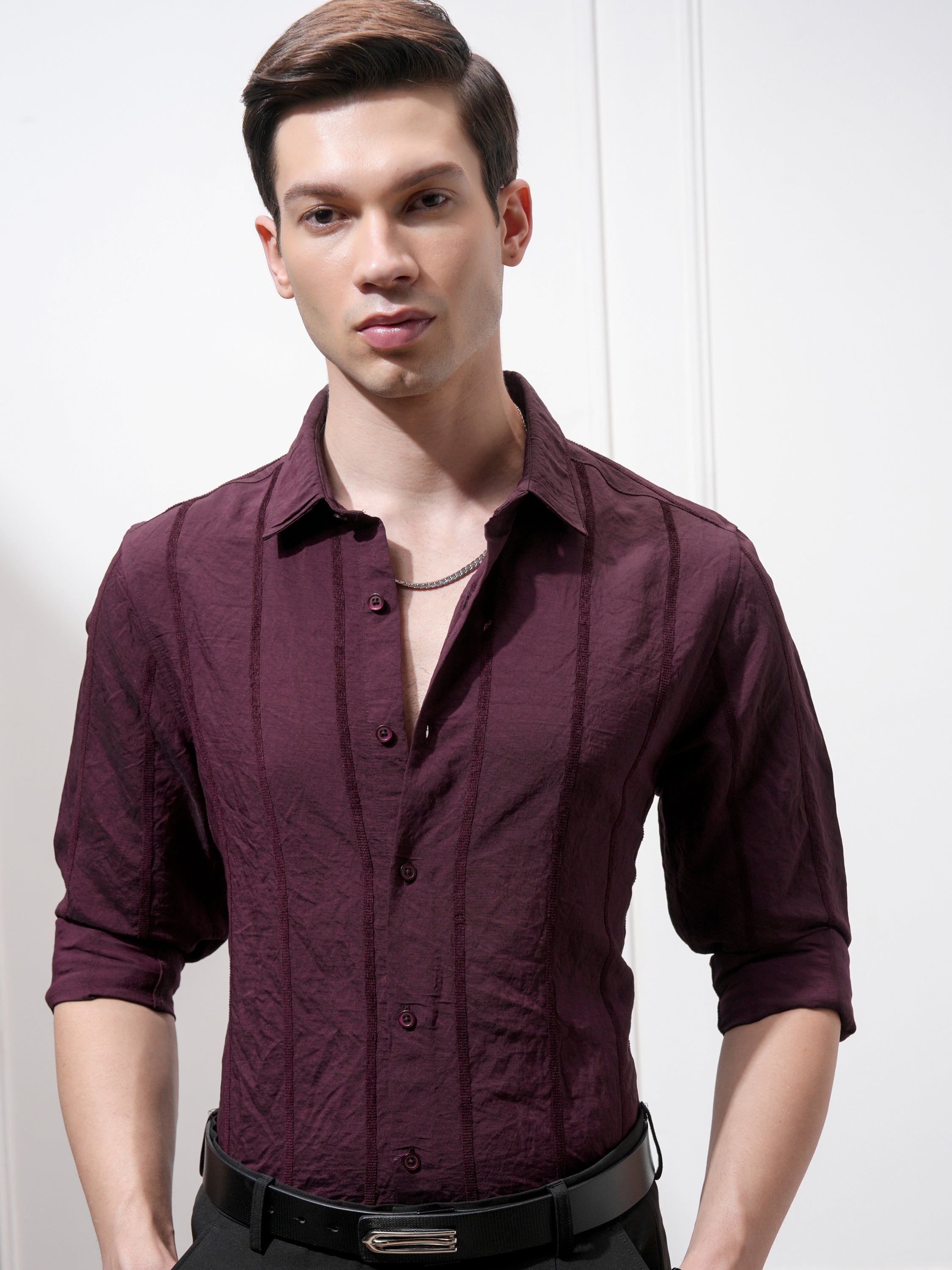 Highlander Men Purple Striped Slim Fit Casual Shirt - Purple - Image 1