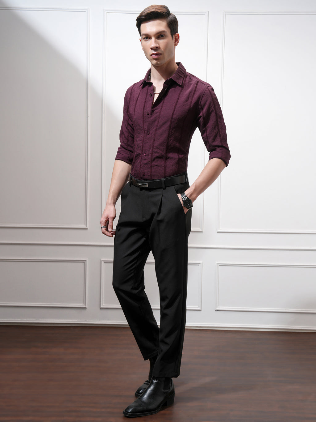 Highlander Men Purple Striped Slim Fit Casual Shirt - Purple - Image 2