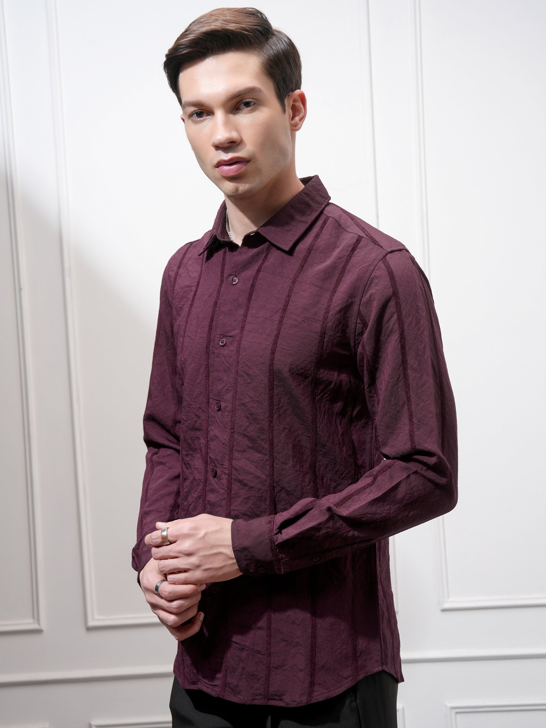 Highlander Men Purple Striped Slim Fit Casual Shirt - Purple - Image 4