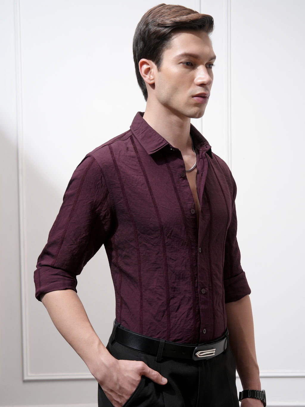 Highlander Men Purple Striped Slim Fit Casual Shirt - Purple - Image 6