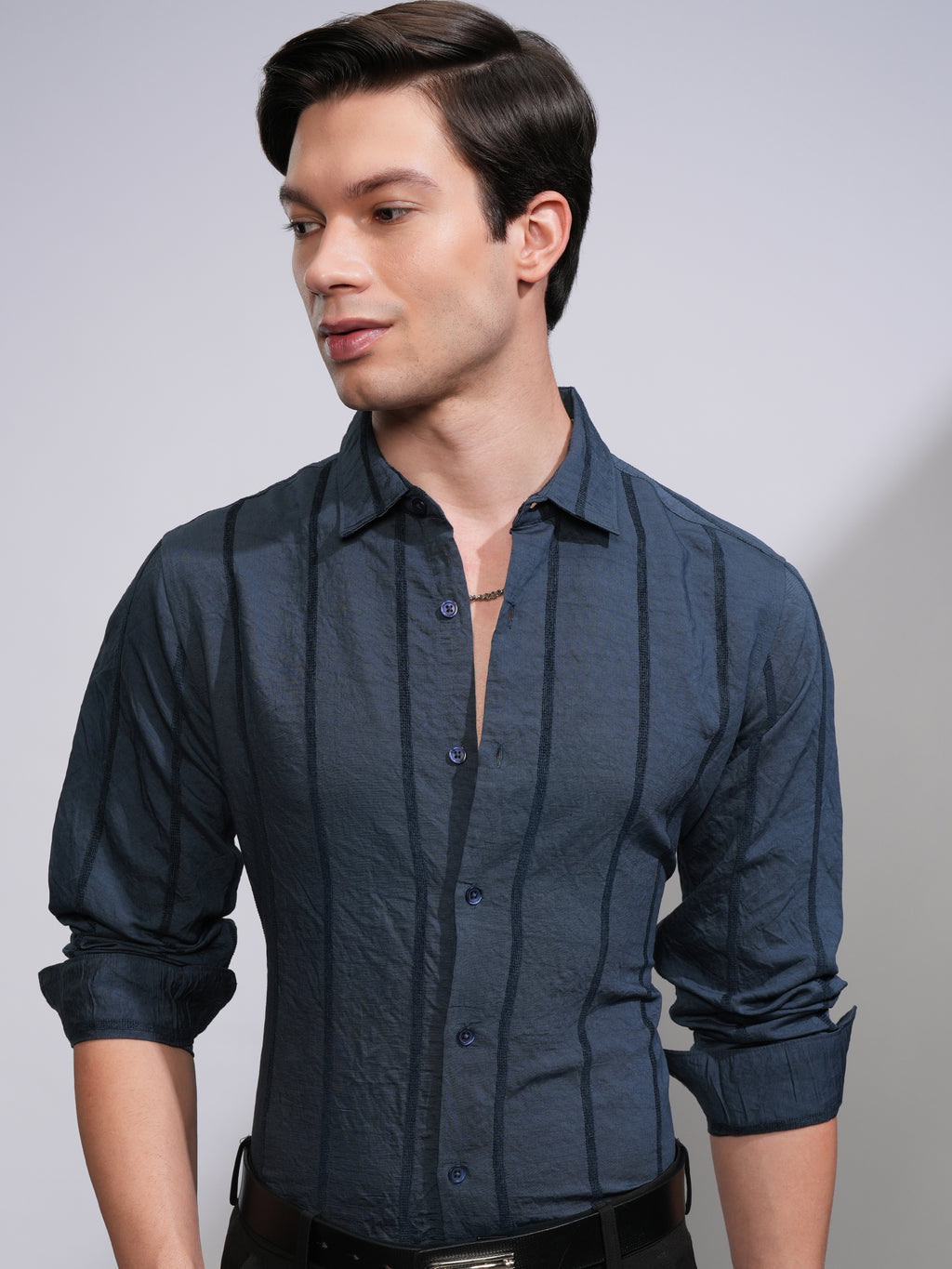 Highlander Men Blue Striped Slim Fit Casual Shirt - Blue - Image 1