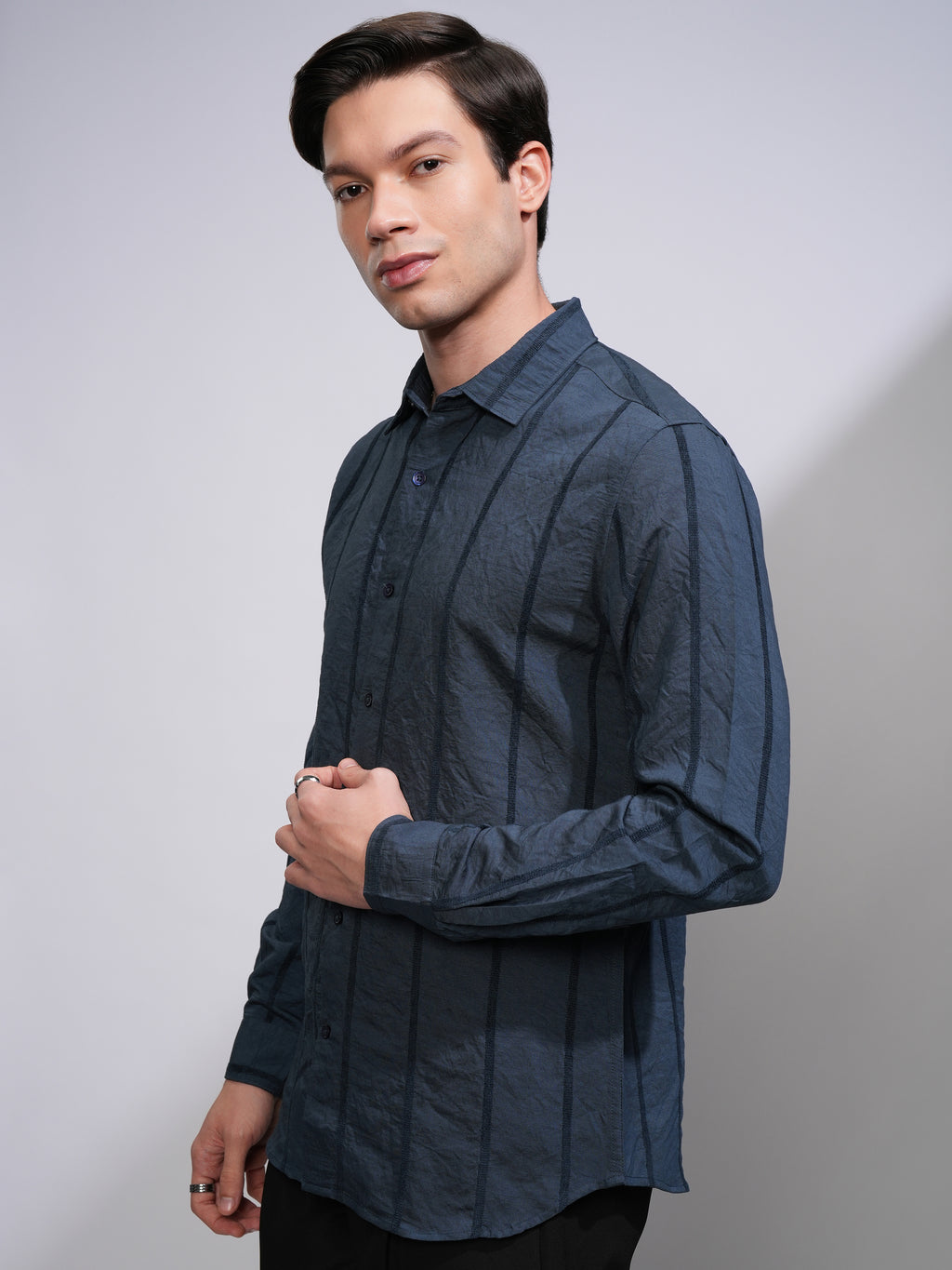 Highlander Men Blue Striped Slim Fit Casual Shirt - Blue - Image 4