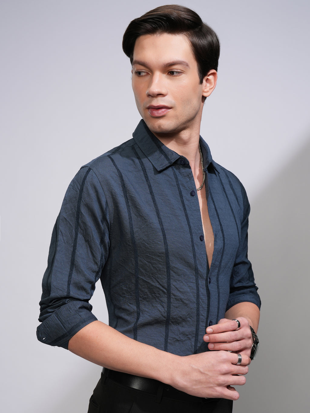 Highlander Men Blue Striped Slim Fit Casual Shirt - Blue - Image 6