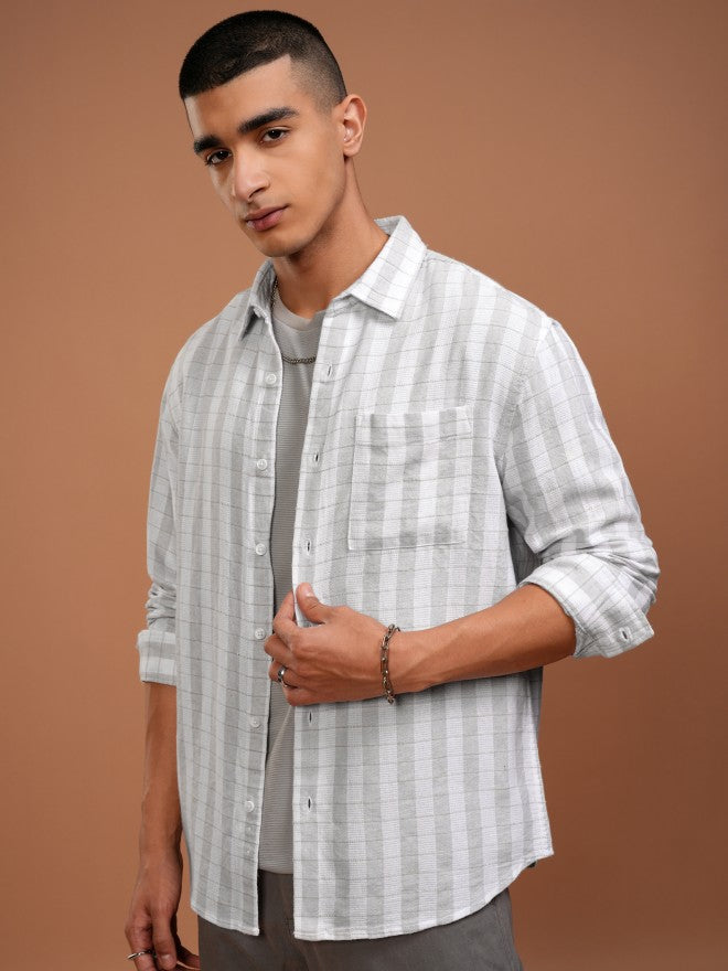 Highlander Men Grey Checked Relaxed Fit Casual Shirt - Grey - Image 4