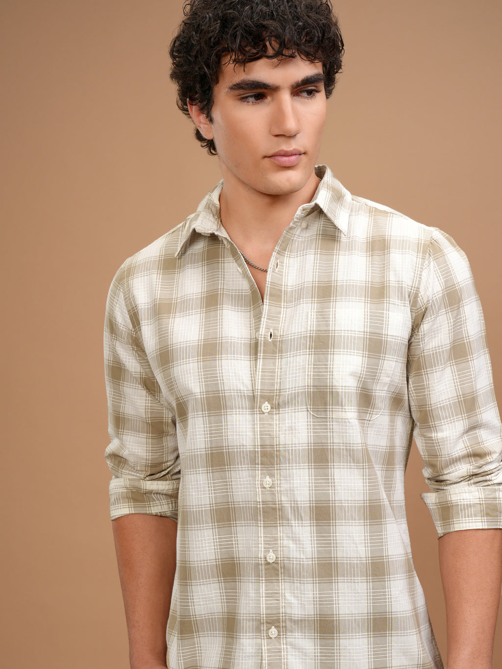 Highlander Men Khaki Checked Slim Fit Casual Shirt - Khaki - Image 1