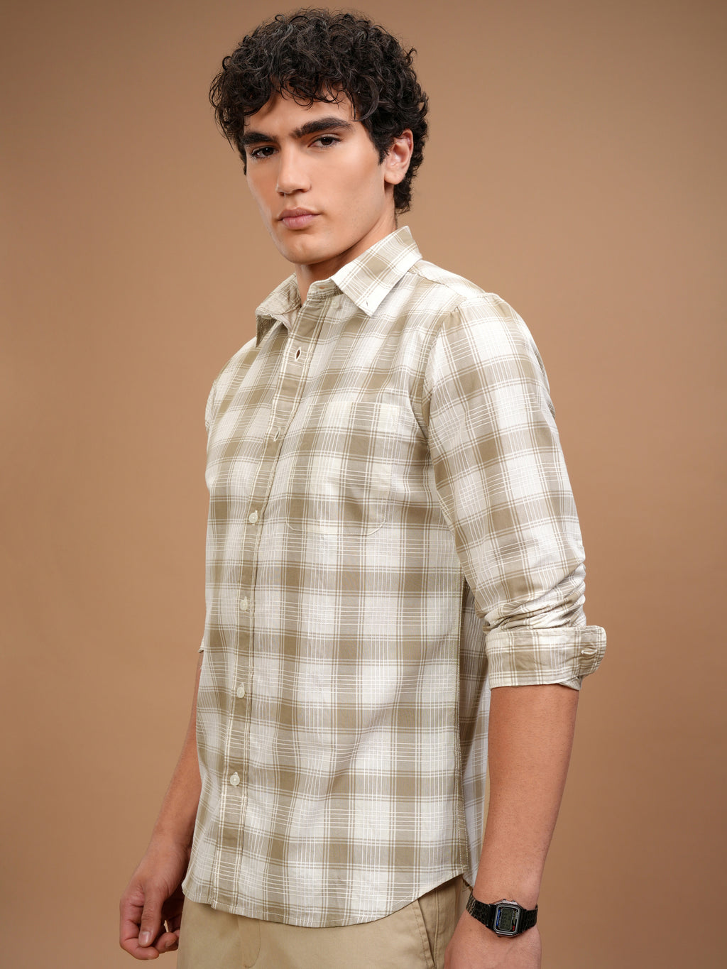 Highlander Men Khaki Checked Slim Fit Casual Shirt - Khaki - Image 4