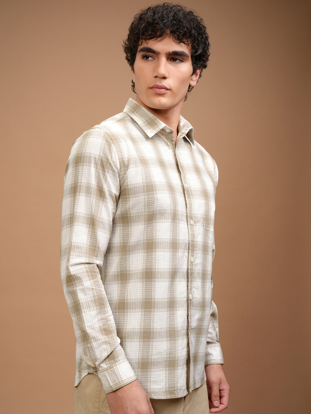 Highlander Men Khaki Checked Slim Fit Casual Shirt - Khaki - Image 6