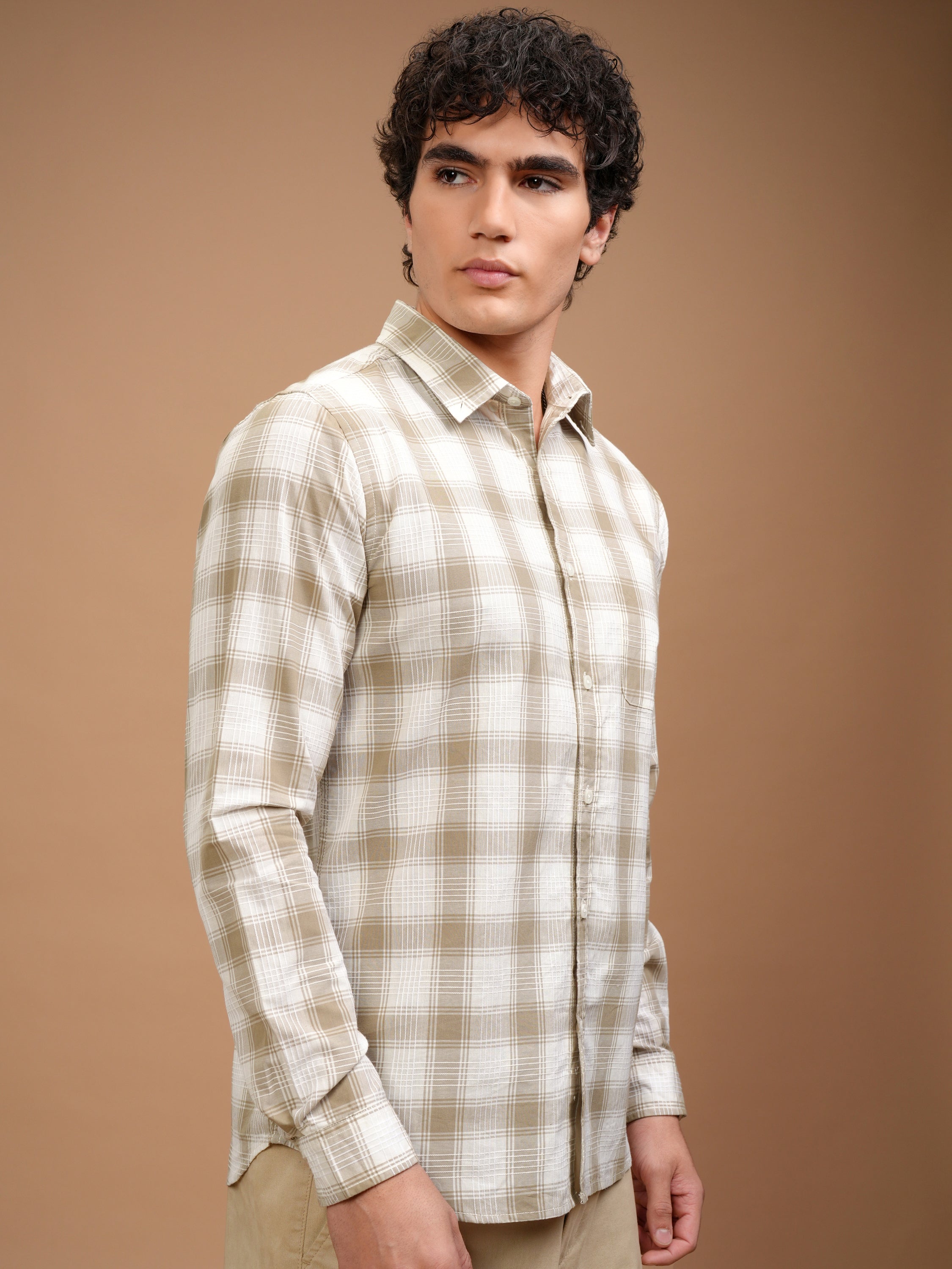 Highlander Men Khaki Checked Slim Fit Casual Shirt - Khaki - Image 6