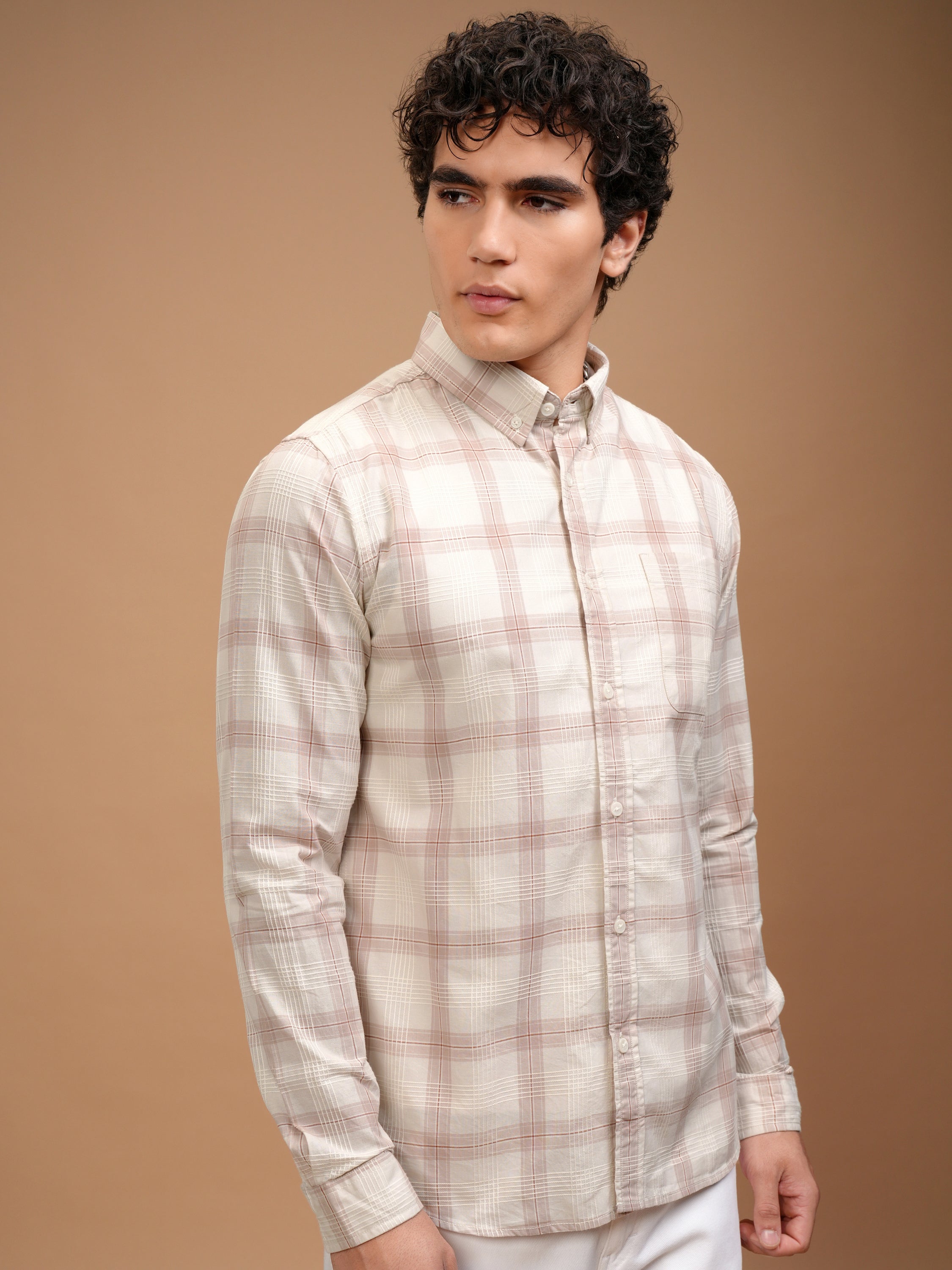 Highlander Men Off White Checked Slim Fit Casual Shirt - Off White - Image 6