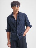 Highlander Men Navy Blue Self Design Relaxed Fit Casual Shirt - Navy Blue - Image 1