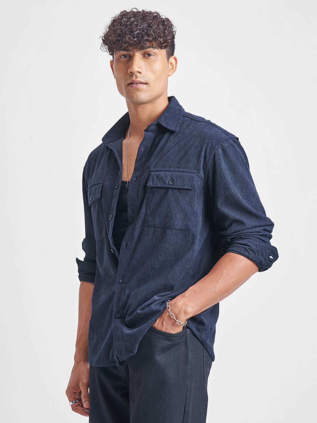 Highlander Men Navy Blue Self Design Relaxed Fit Casual Shirt - Navy Blue - Image 4