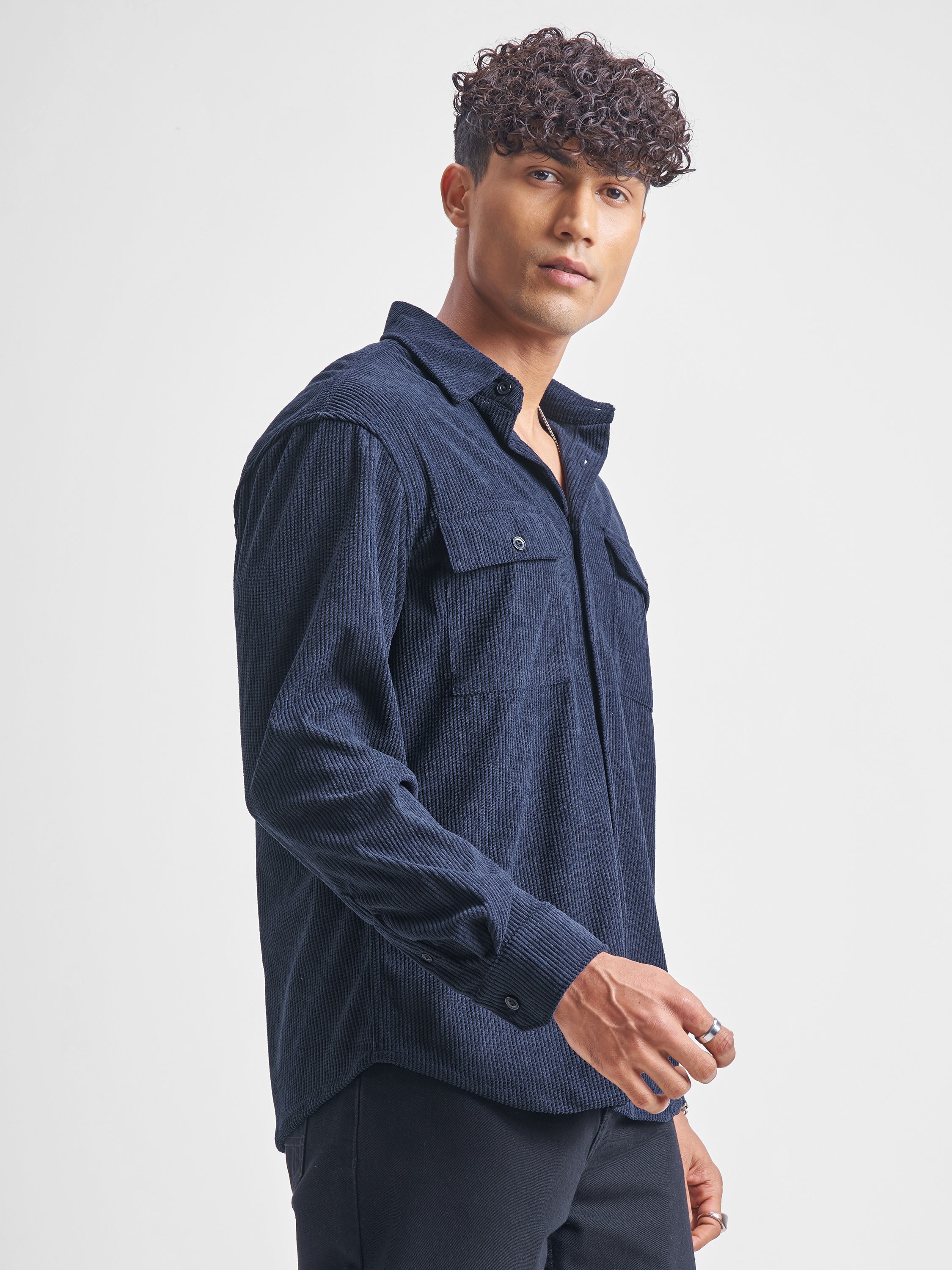 Highlander Men Navy Blue Self Design Relaxed Fit Casual Shirt - Navy Blue - Image 6