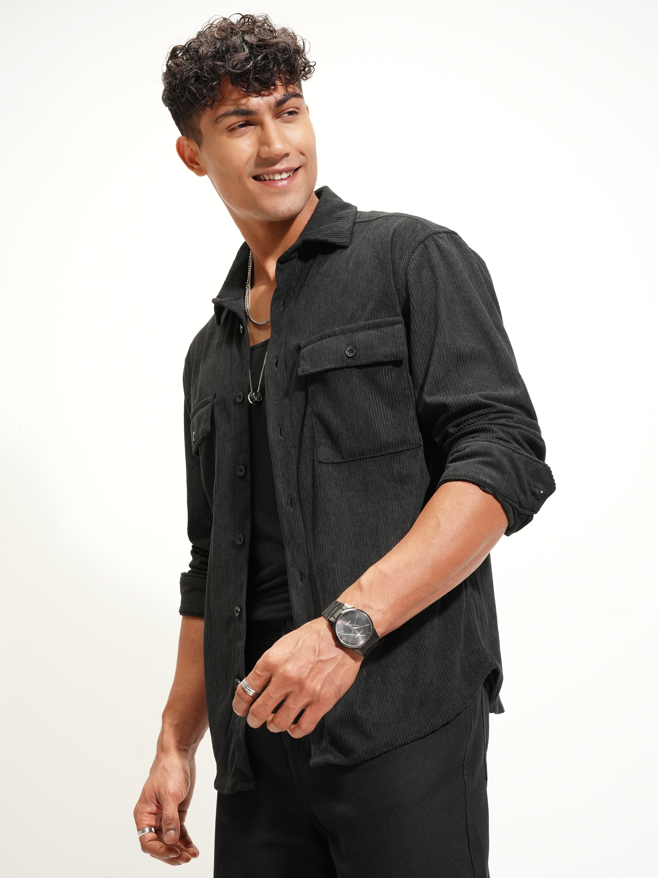Highlander Men Black Solid Relaxed Fit Casual Shirt - Black - Image 4