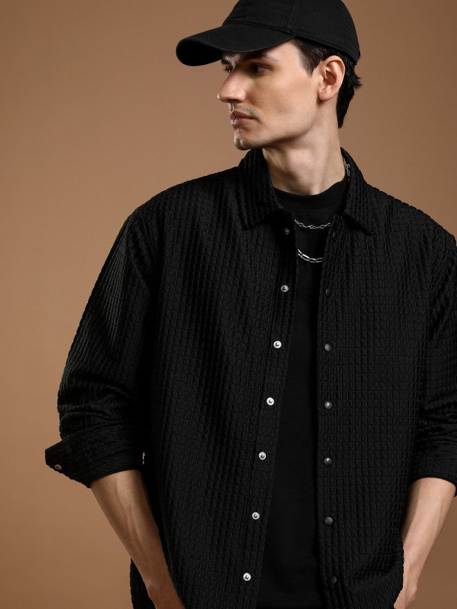 Highlander Men Black Textured Relaxed Fit Casual Shirt - Black - Image 1