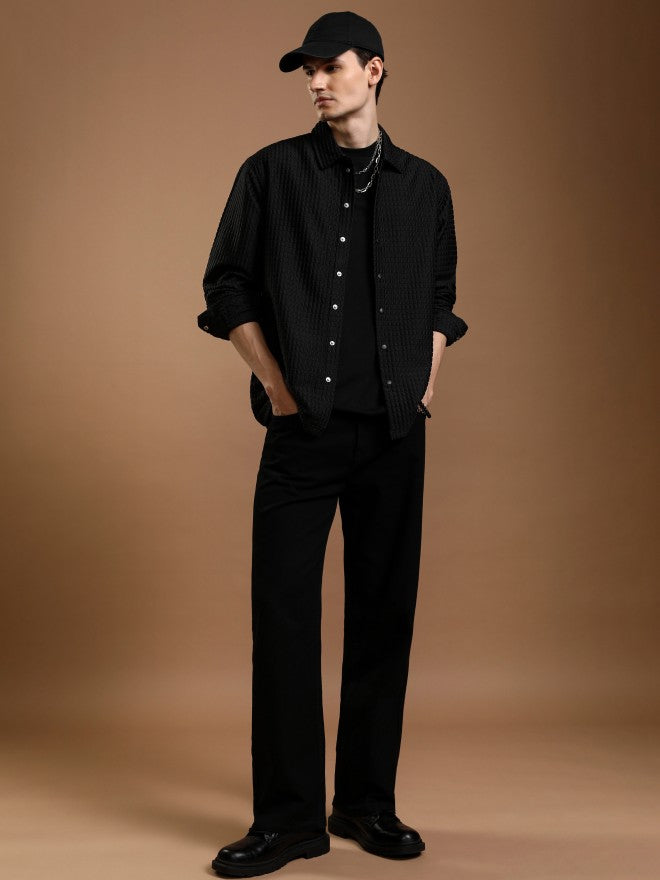 Highlander Men Black Textured Relaxed Fit Casual Shirt - Black - Image 2