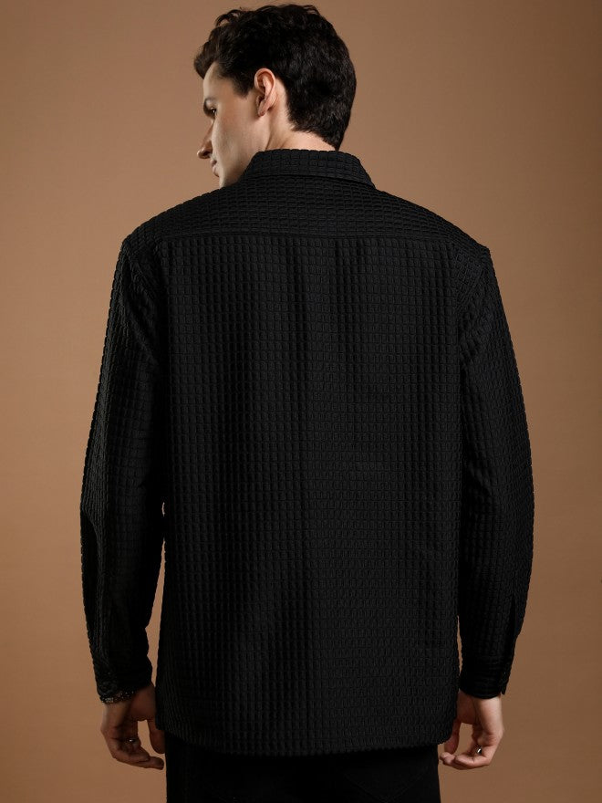 Highlander Men Black Textured Relaxed Fit Casual Shirt - Black - Image 3